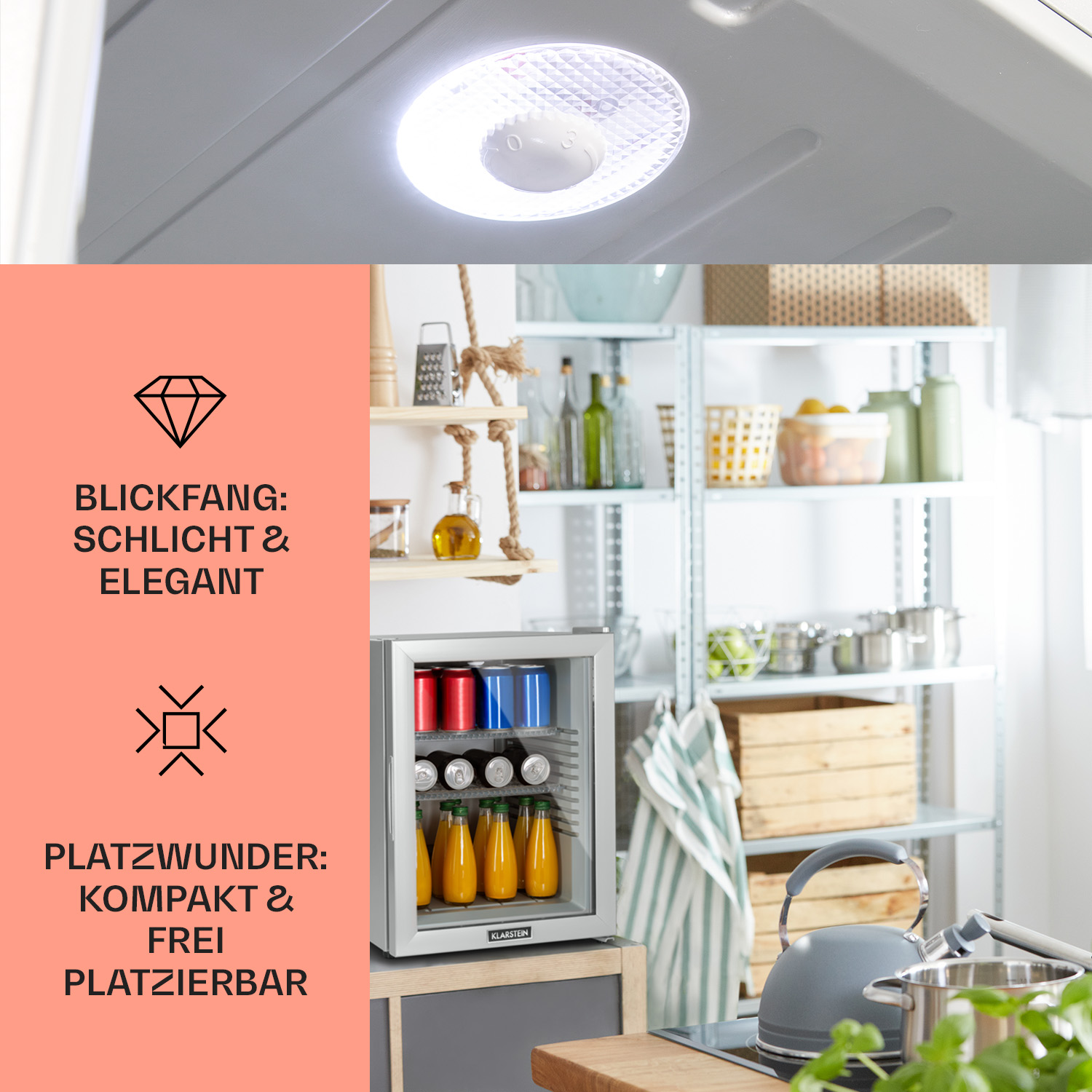 Minikühlschrank mit Getränken, neben einer Küche mit Töpfen und Regalen.