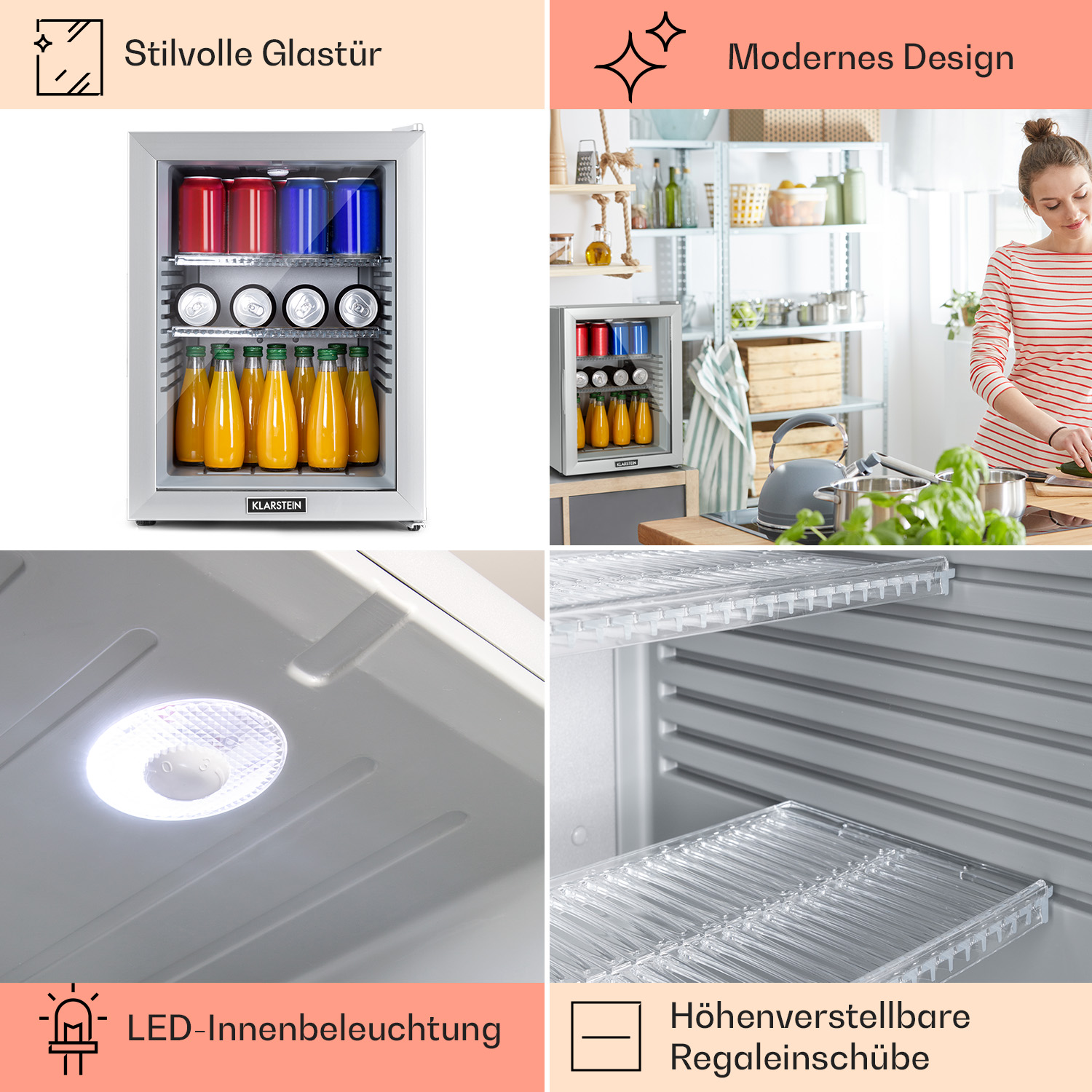 Bilder eines Mini-Kühlschranks mit Glastür, Getränke darin und Innendetails.