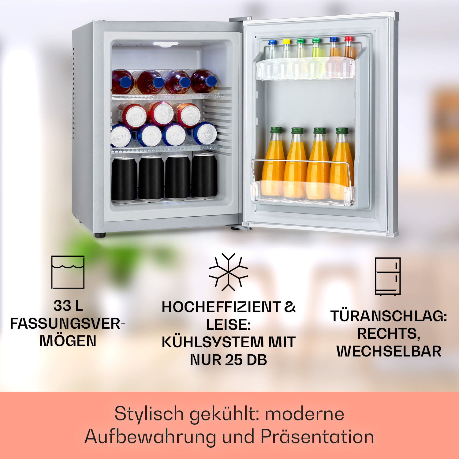 Kleiner Kühlschrank, silberfarben mit Getränken; Text über Kapazität und Funktionen.