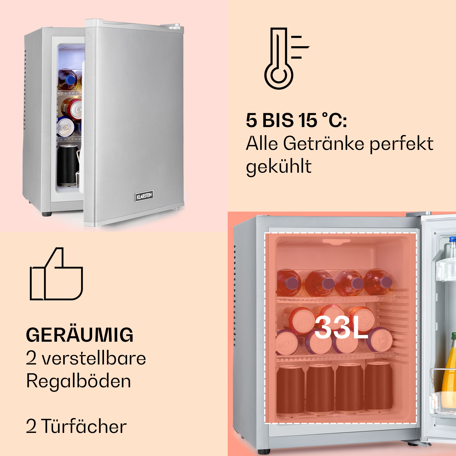 Ein silberner Minikühlschrank mit offener Tür mit Getränken im Inneren. Text: 5 bis 15 Grad C, 33L.