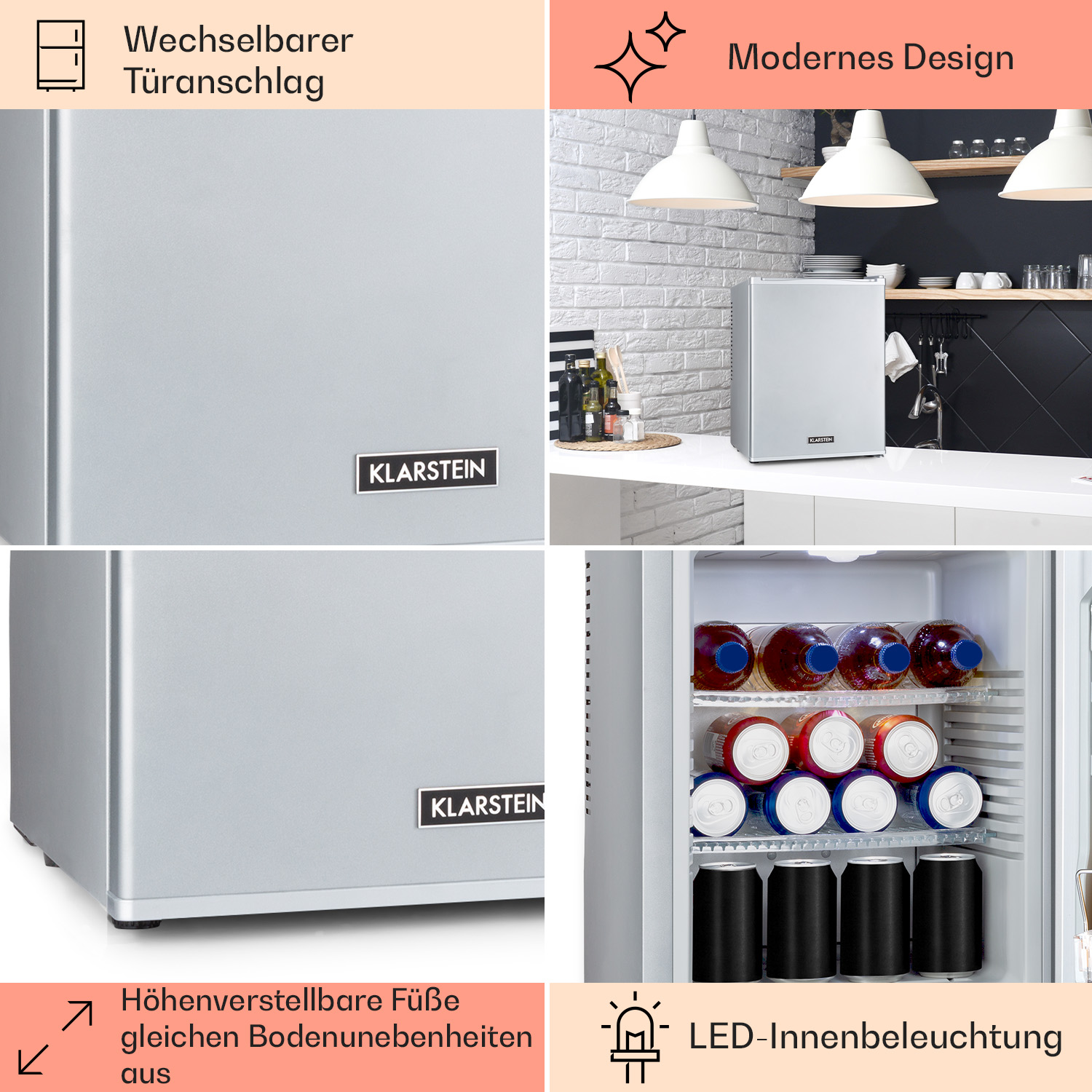 Ein kleiner silberner Kühlschrank mit Text, der Merkmale wie Türscharniere, modernes Design und verstellbare Füße hervorhebt.
