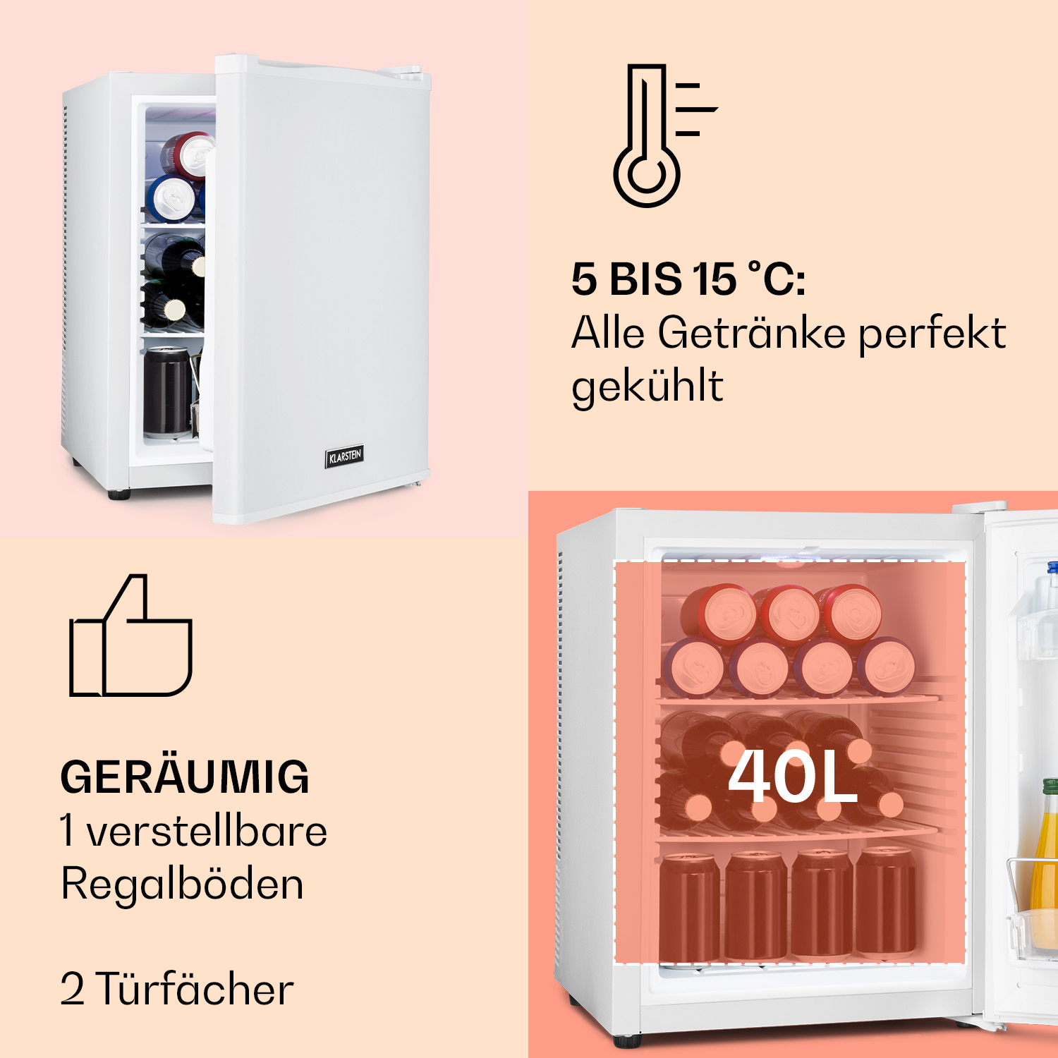 Weißer Mini-Kühlschrank mit offener Tür, Getränke und Dosen innen. Text: 5-15°C, geräumig, 40L.