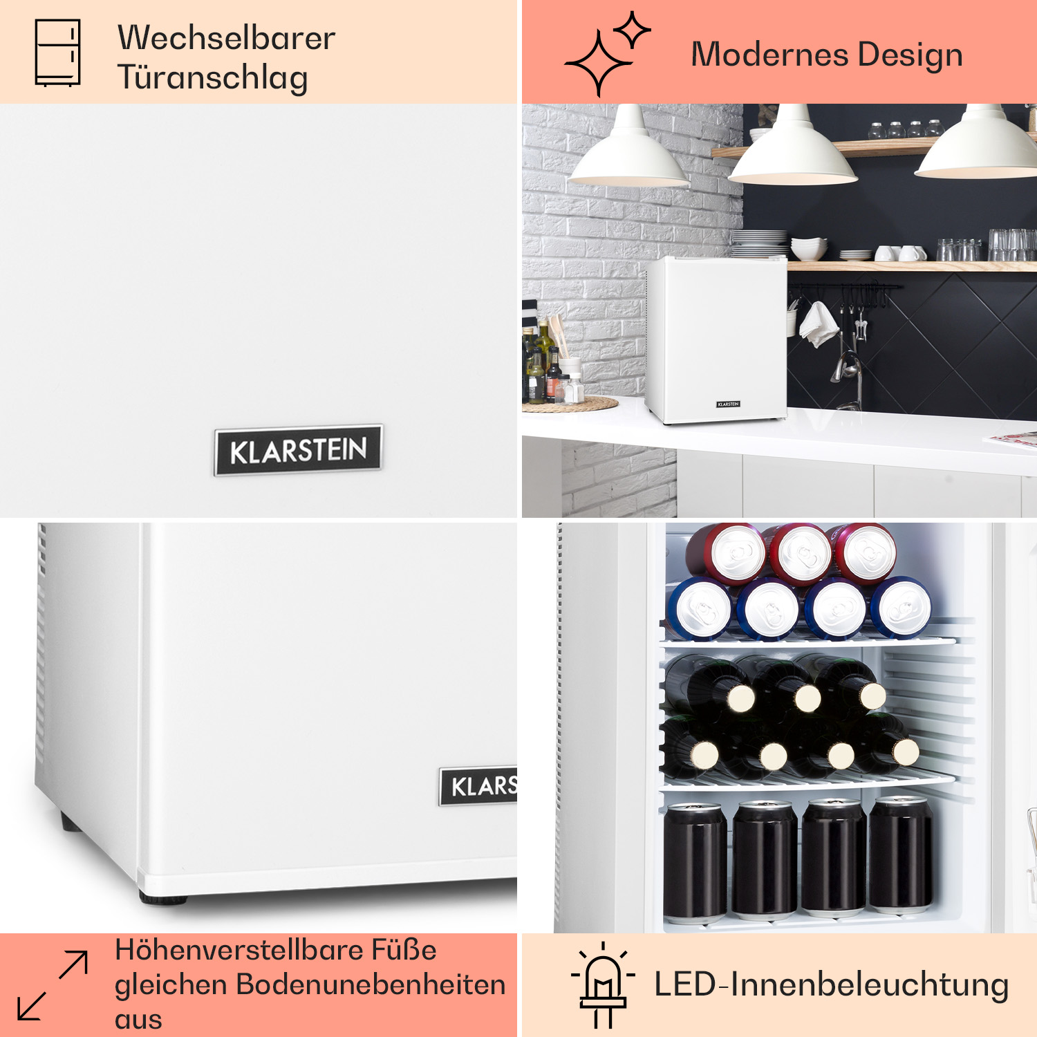 Weißer Kühlschrank mit Klarstein-Logo. Merkmale: Türscharnier, verstellbare Füße und LED-Innenbeleuchtung.