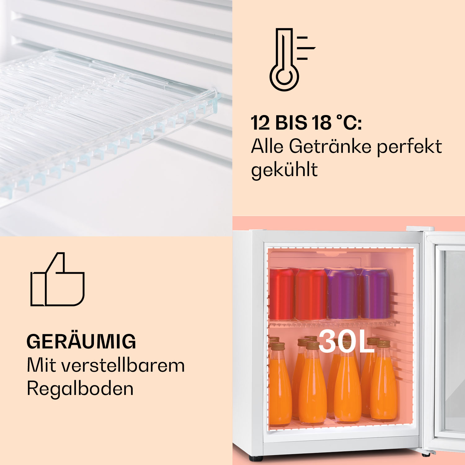 Un mini-frigorífico blanco con bebidas, 30L de capacidad y estantes de vidrio. Incluye textos y gráficos.