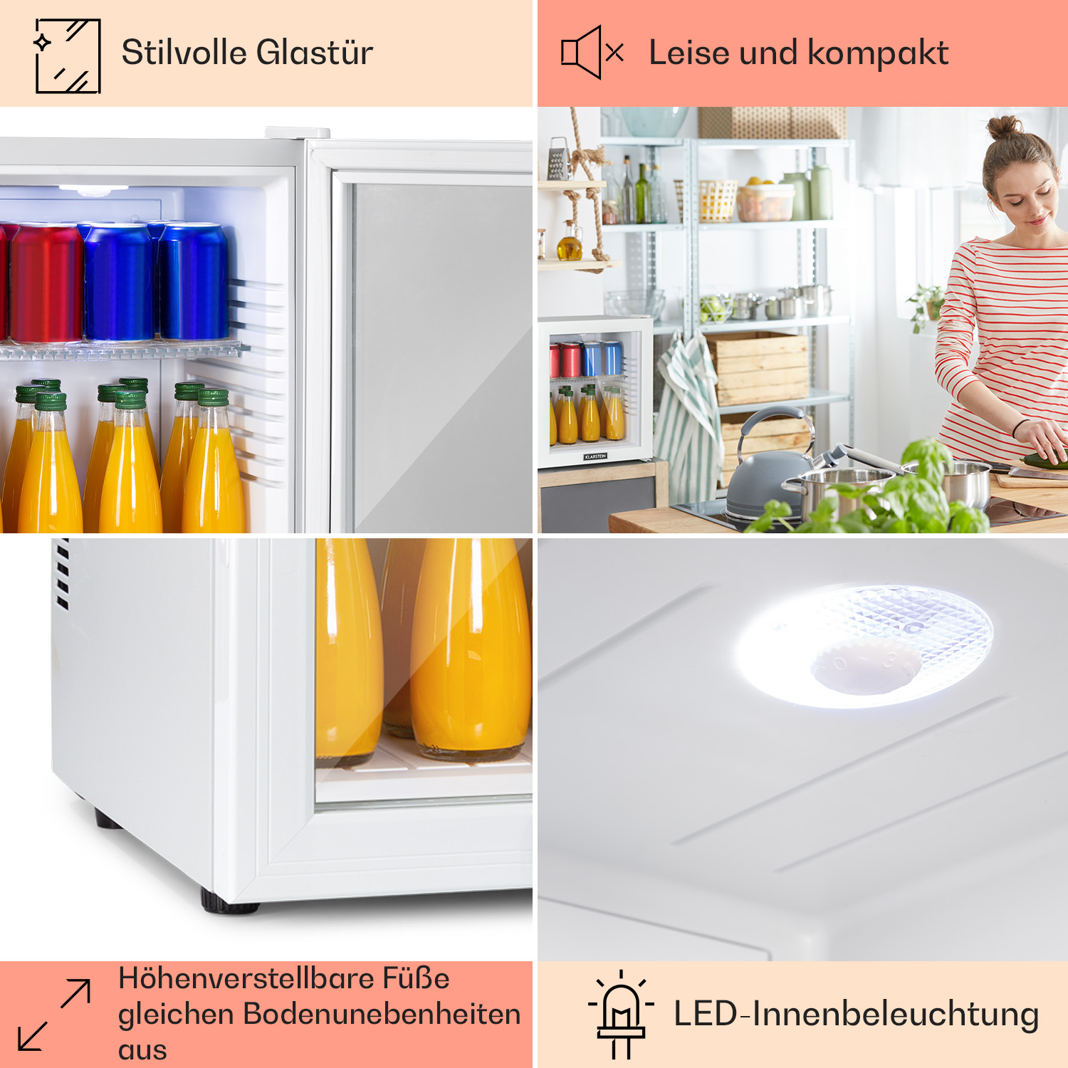 Mininevera con puerta de vidrio. Muestra bebidas dentro, con pies ajustables e iluminación LED.