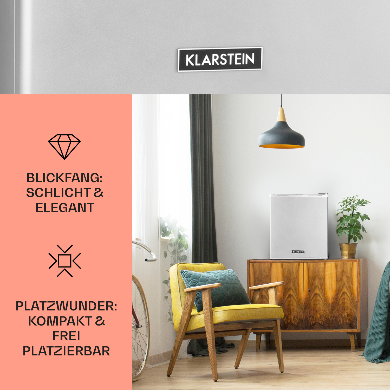 Pequeña nevera blanca en habitación con silla amarilla y mueble de madera con planta.