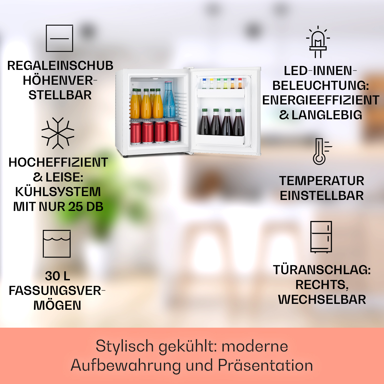 Ein kleiner Kühlschrank mit offener Tür. Im Inneren befinden sich Getränke mit detaillierten Diagrammen und Text darum herum.