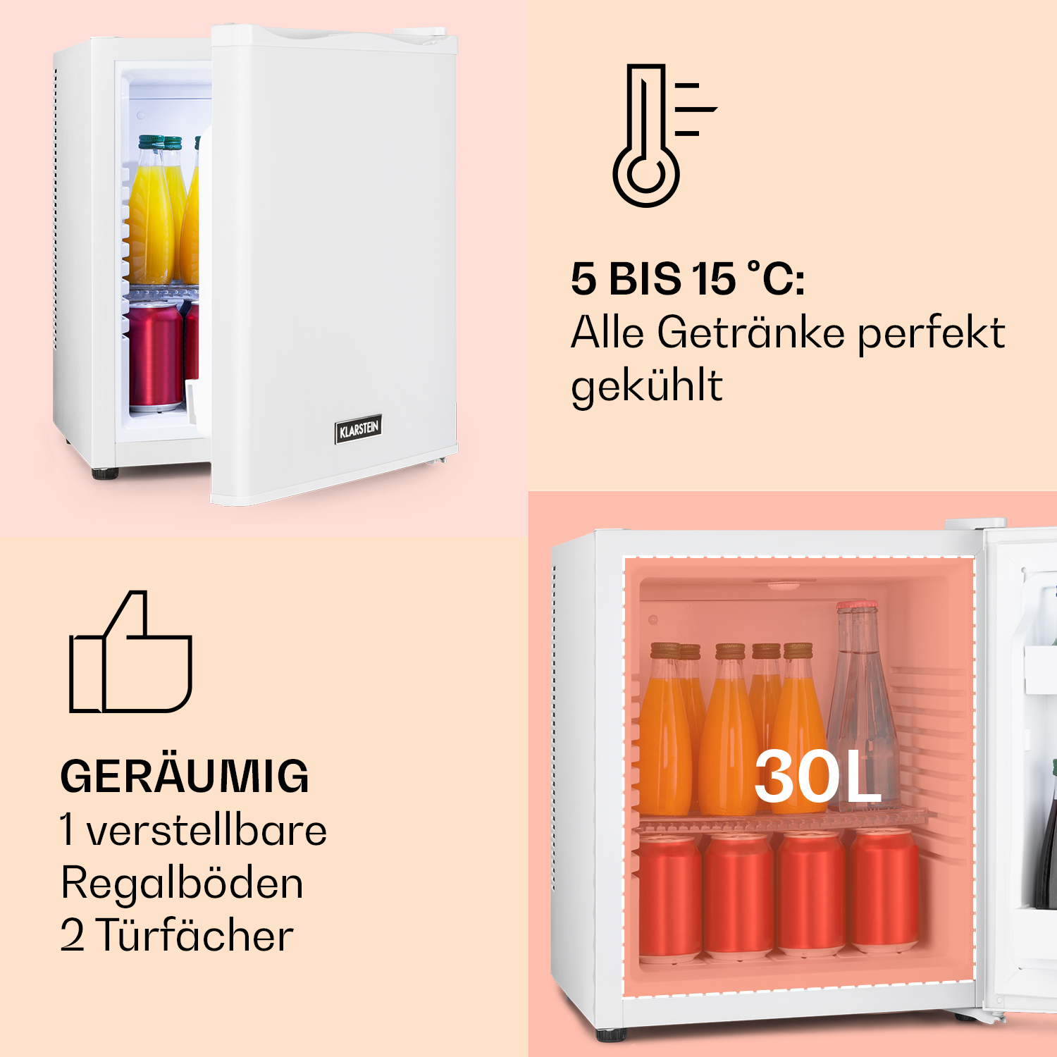 Ein weißer Mini-Kühlschrank mit offener Tür, der Flaschen und Dosen zeigt.
