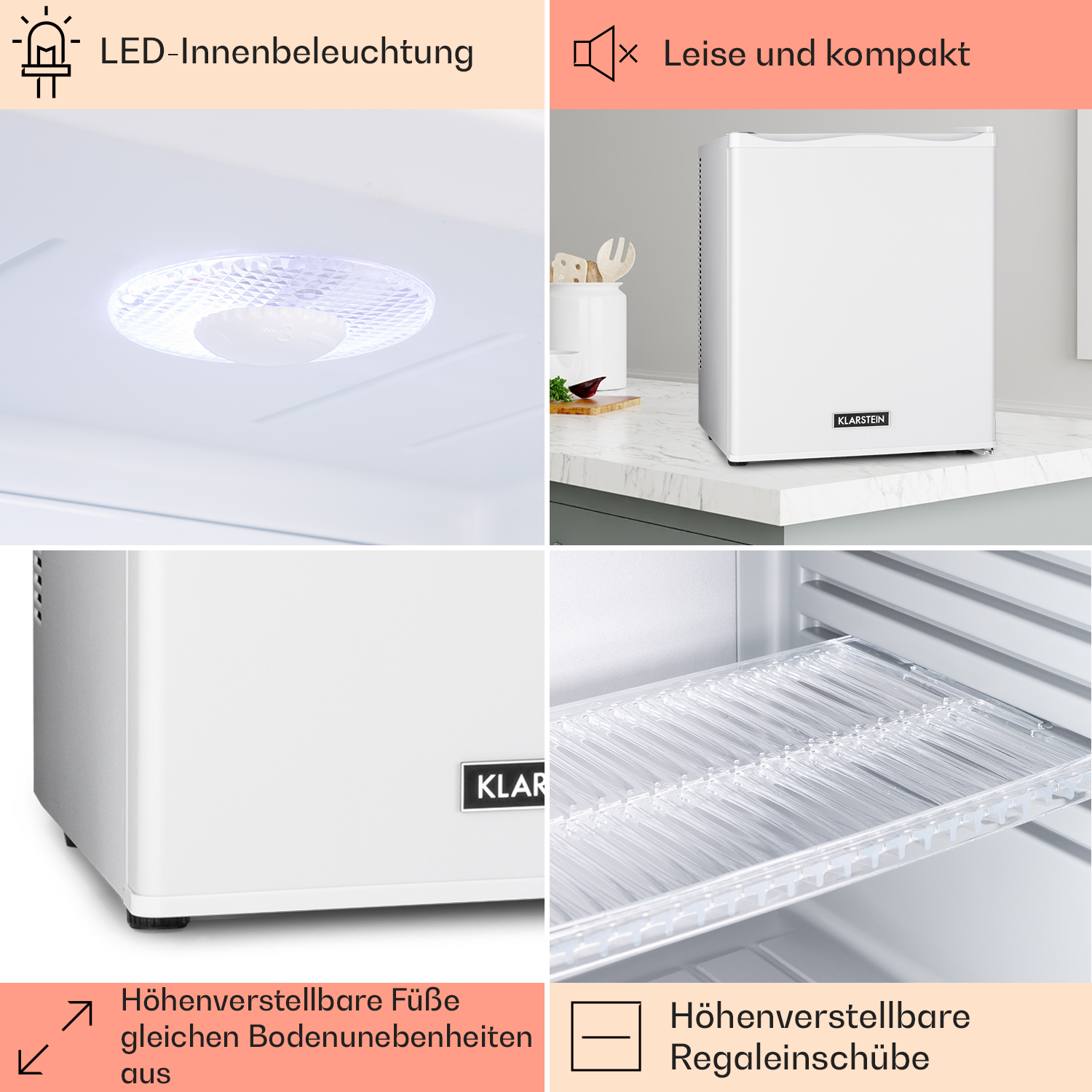 Weißer Minikühlschrank mit Innenbeleuchtung, Regalen und verstellbaren Füßen.