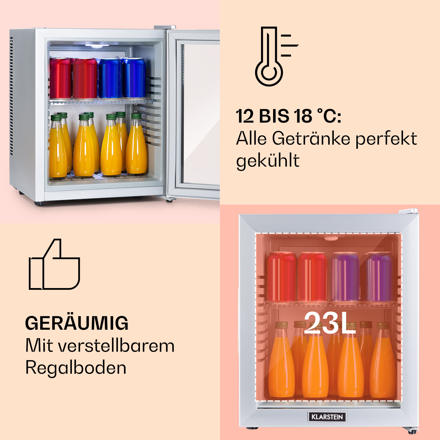 Mini nevera con bebidas dentro. Texto: bebidas perfectamente refrigeradas.