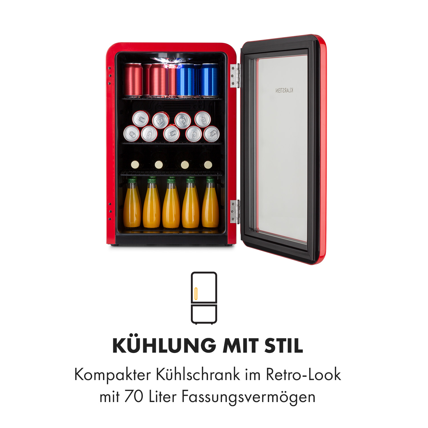 Ein roter Mini-Kühlschrank mit offener Tür, voller Getränke. Text: Kühlen mit Stil.