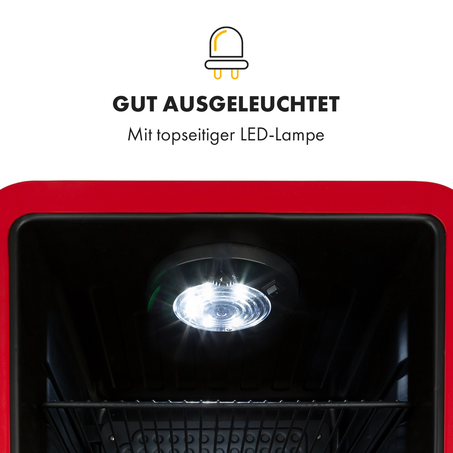 Eine rote Box mit einer oben montierten LED-Leuchte. Im Inneren befindet sich ein schwarzes Drahtregal.