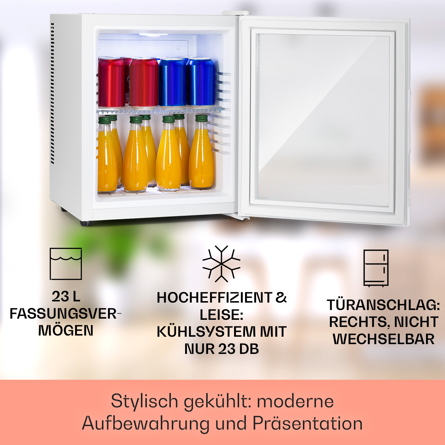 Weißer Minikühlschrank mit offener Tür, Getränke enthaltend. Text: 23L Fassungsvermögen, hocheffizient.