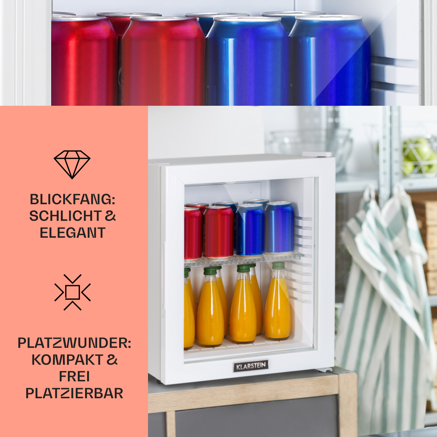 Minikühlschrank mit Getränken, rosa Hintergrund.