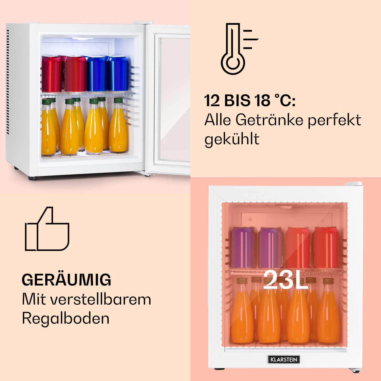 Ein weißer Mini-Kühlschrank mit offener Tür, die Getränke zeigt. Text zeigt Temperaturbereich und Kapazität.