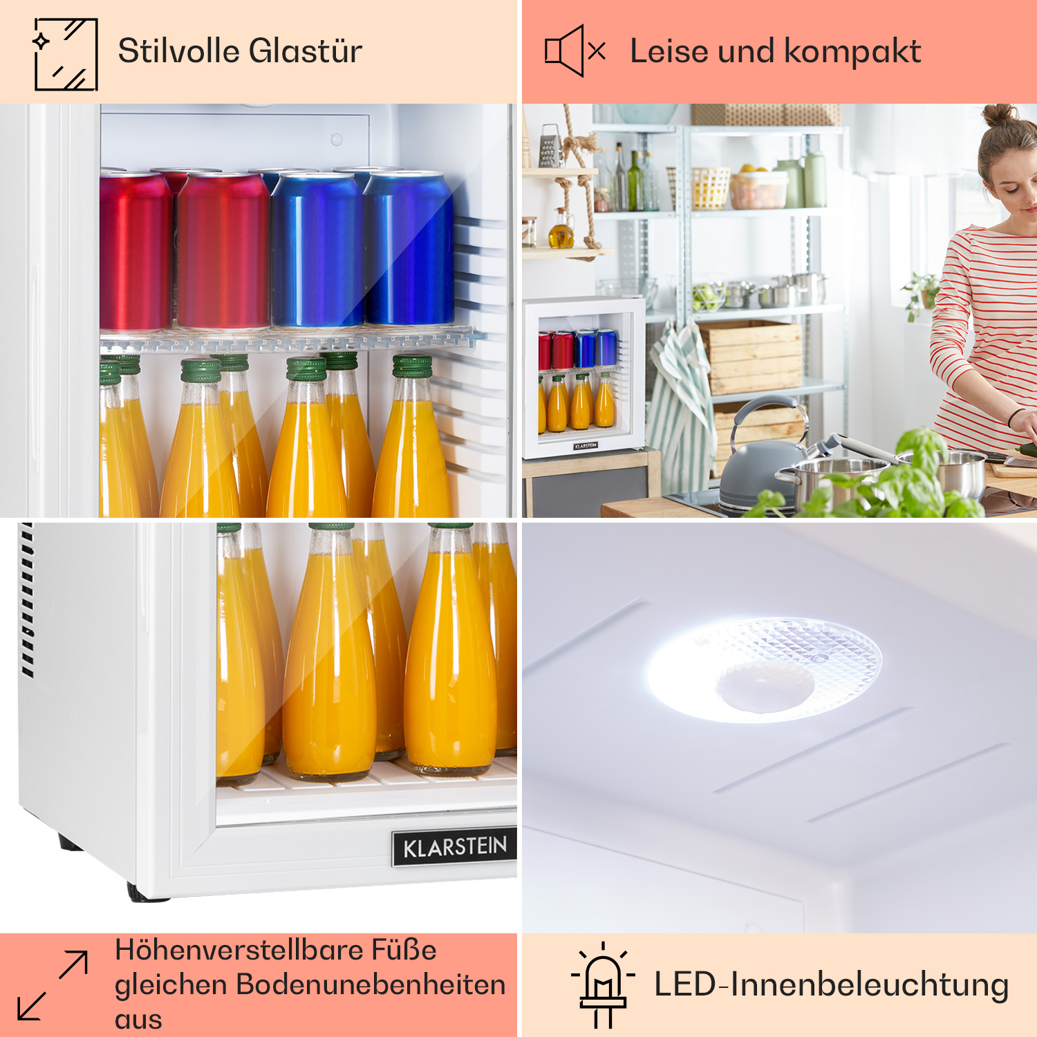 Vier Bilder, die Merkmale eines kleinen Kühlschranks zeigen. Text und Illustrationen sind enthalten.