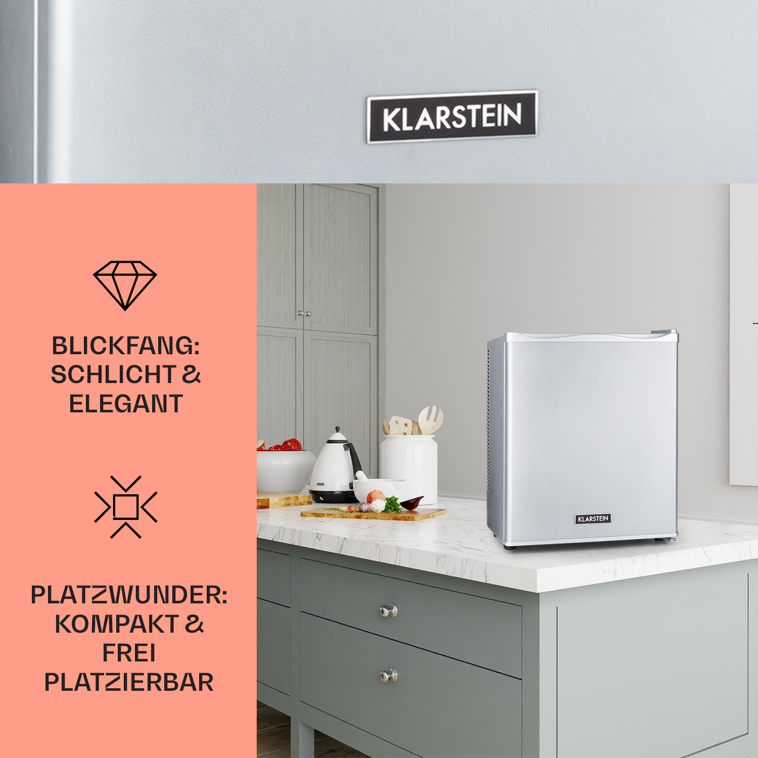 Ein silberner Mini-Kühlschrank auf einer Theke. Der Text besagt, dass es ein kompaktes, elegantes und platzsparendes Gerät ist.