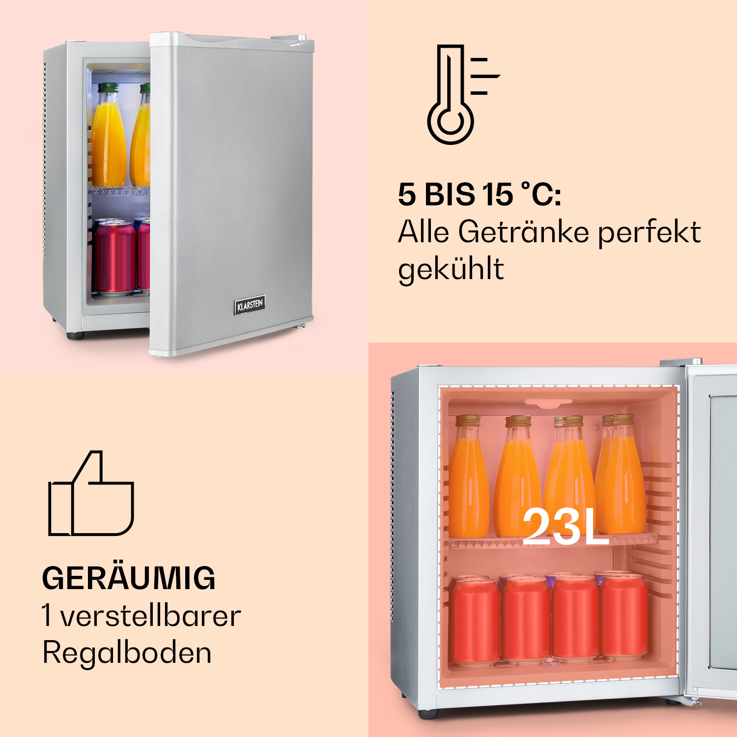 Minikühlschrank geöffnet, zeigt Orangensaft und Dosen. Text zeigt 23L Kapazität.