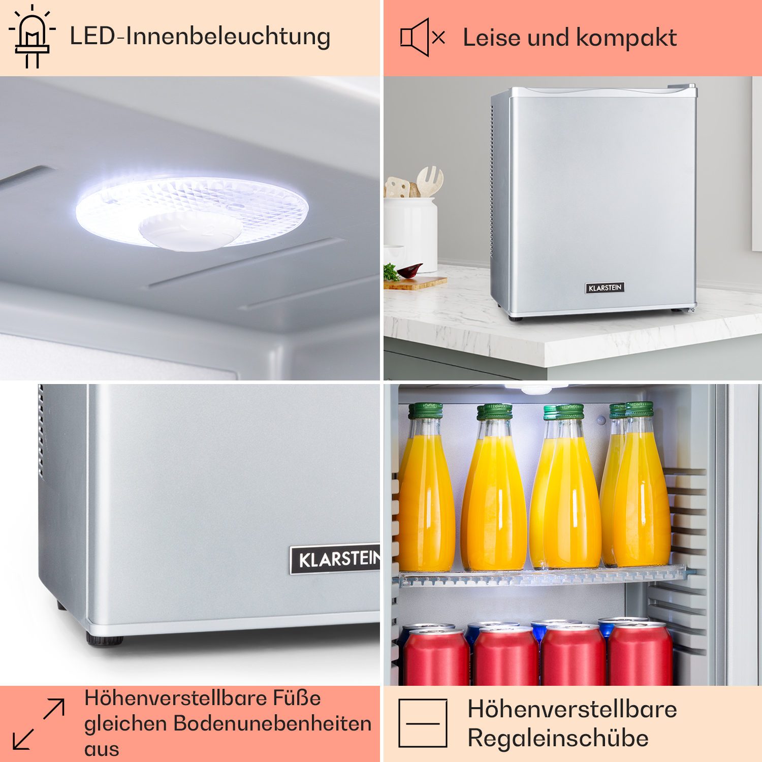 Ein Mini-Kühlschrank mit weißem Innenraum. Er hat LED-Beleuchtung, verstellbare Regale und eine silberne Außenseite.