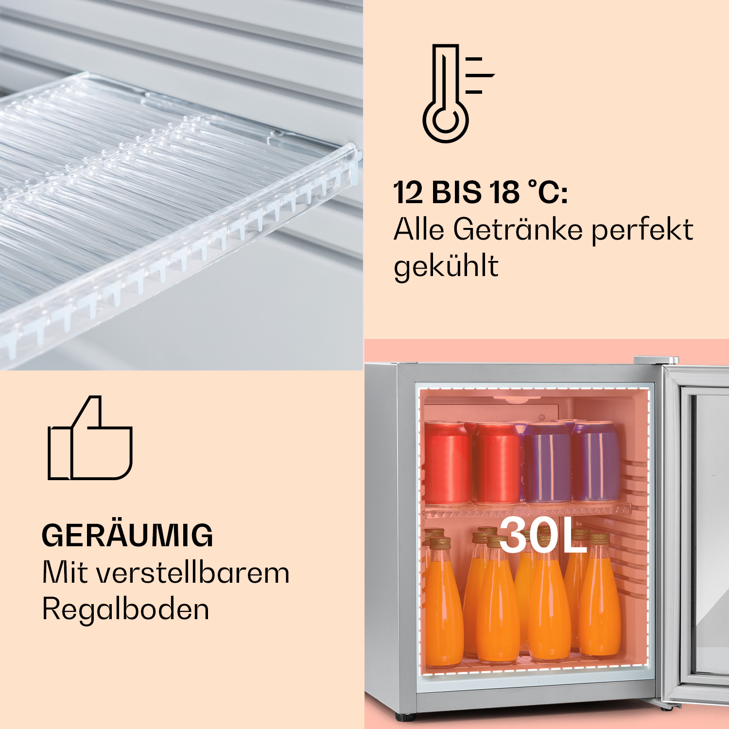 Interno di un mini frigo con ripiani, bottiglie di succo d'arancia e lattine.