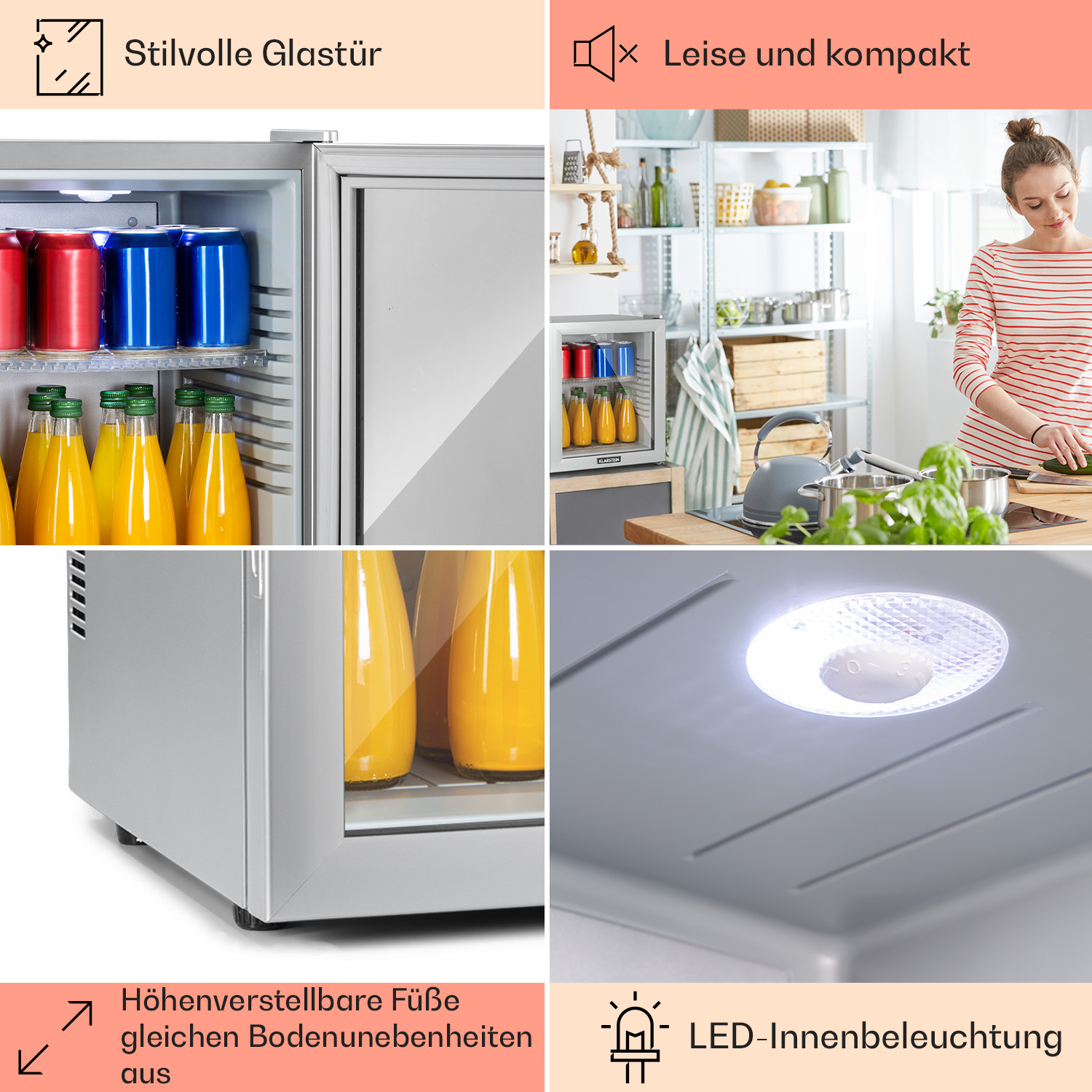 Un frigorifero con bevande e cibo visibili, con caratteristiche come porta in vetro elegante e luci a LED.