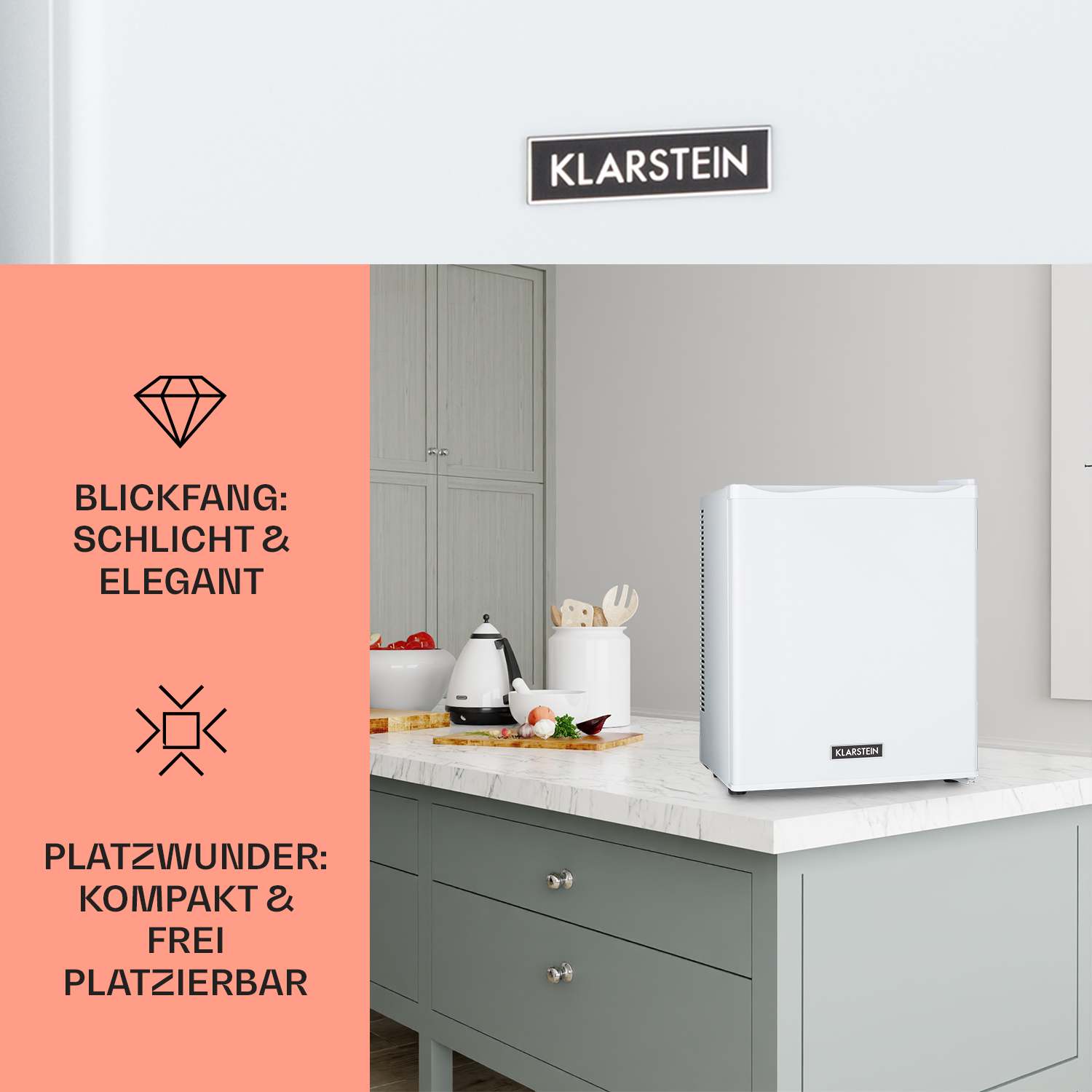 Weißer Kühlschrank auf einer Arbeitsplatte. Text weist auf kompakt, elegant und freistehend hin.