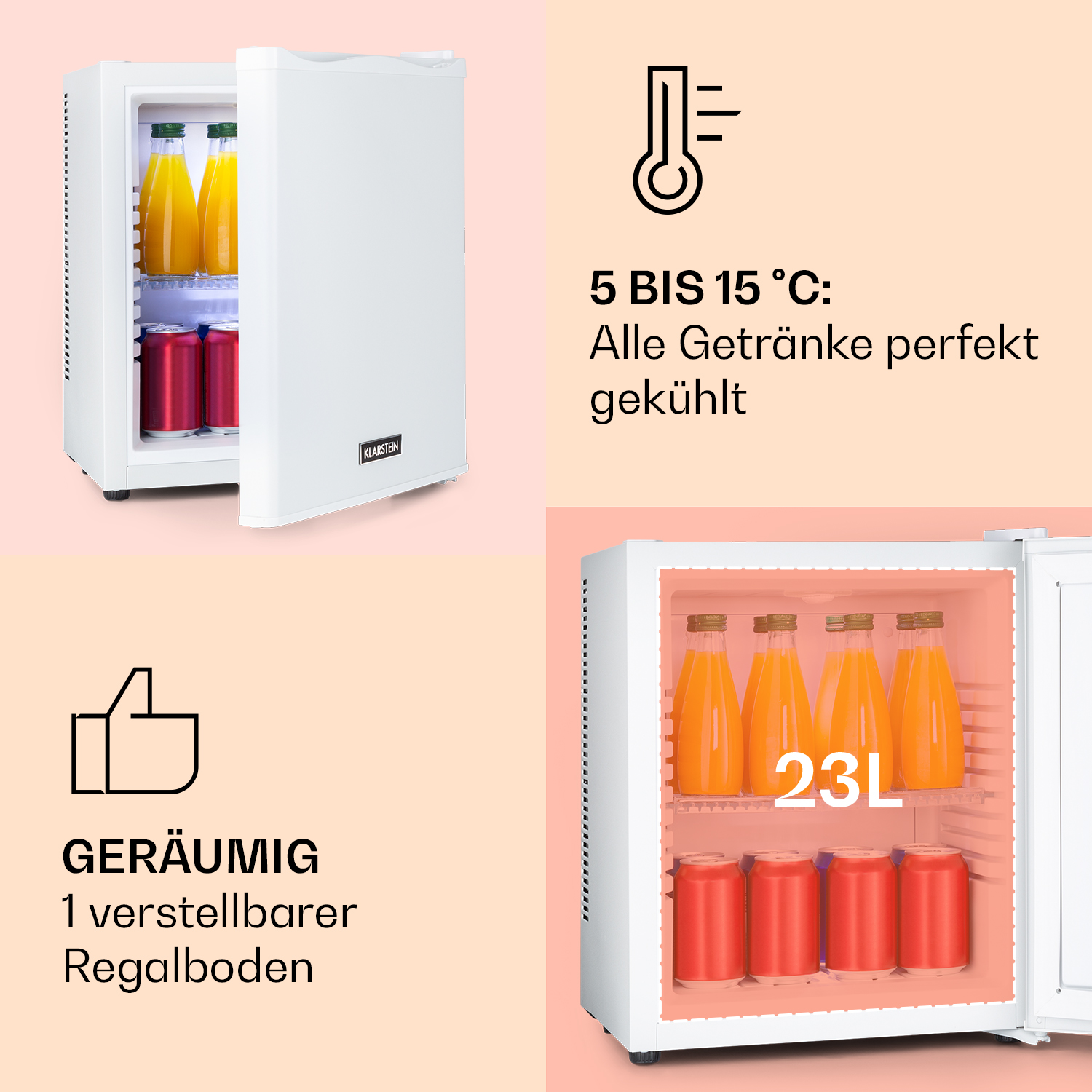Weißer Mini-Kühlschrank, geöffnet, um Getränke zu zeigen. Säfte und Dosen sind sichtbar. Text: '23L'.