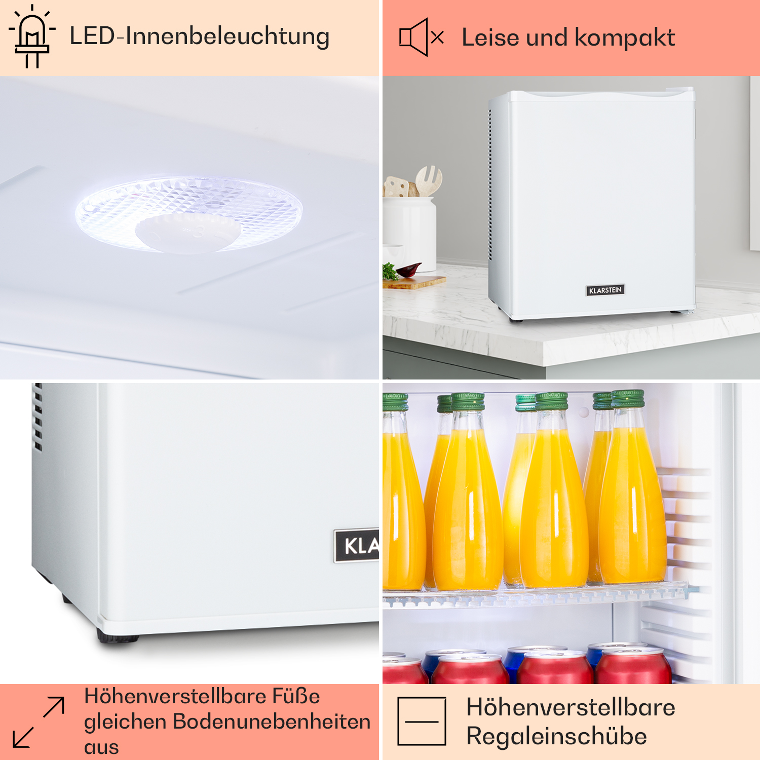 Weißer Mini-Kühlschrank mit Text, Innendetails und verstellbaren Füßen. Merkmale gezeigt.