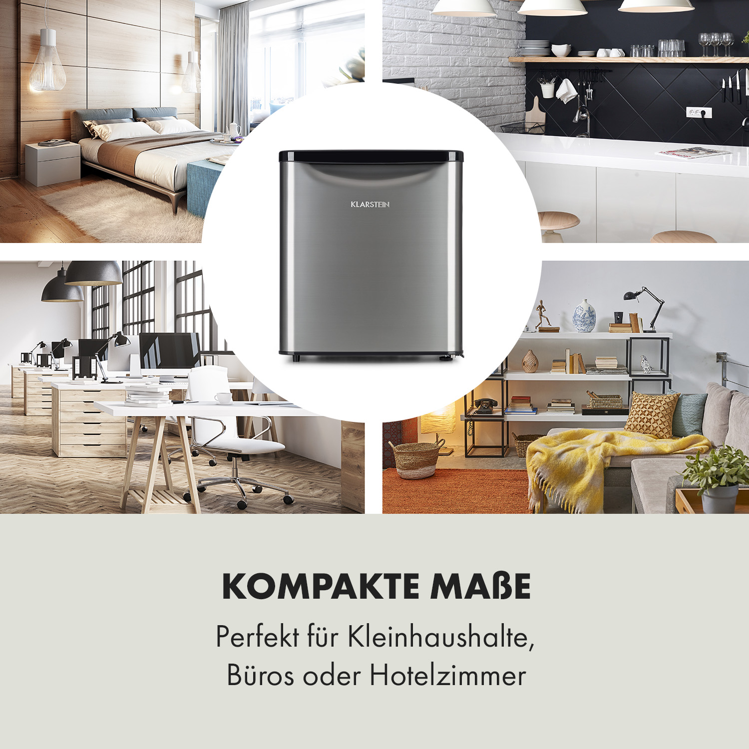 Ein silberner Mini-Kühlschrank. Szenen von Schlafzimmer, Küche und Büro umgeben ihn.