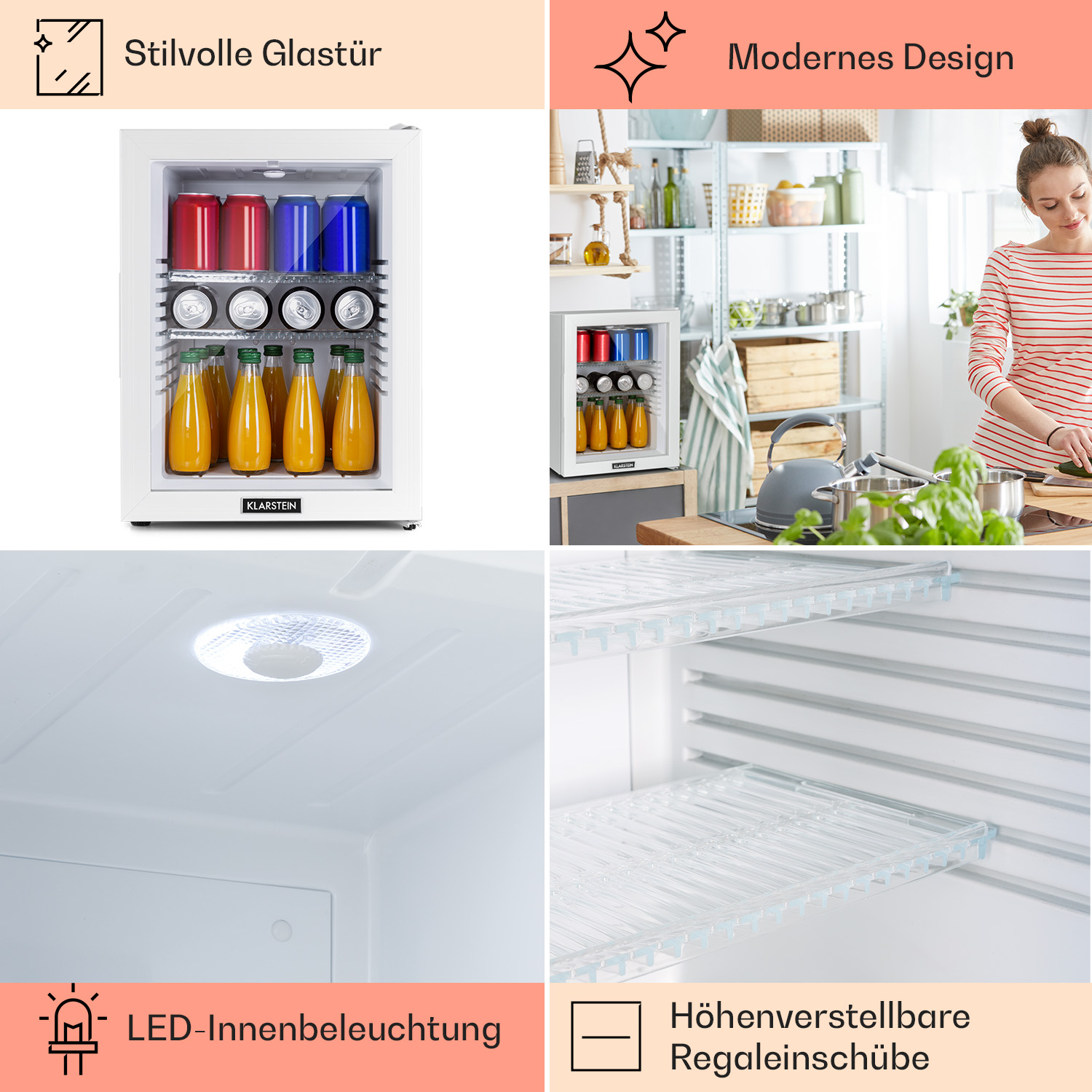 Pequeño refrigerador con puerta de cristal. En el interior, se ven bebidas y estantes.