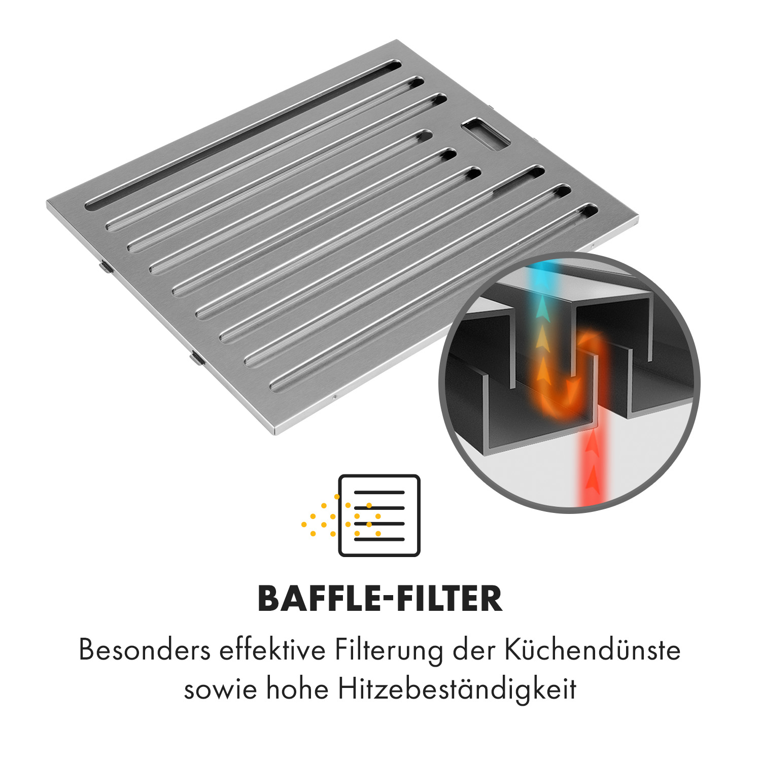 Ein Edelstahl-Prallfilter mit Diagramm, das den Luftstrom zeigt, und Text, der seine Funktion beschreibt.