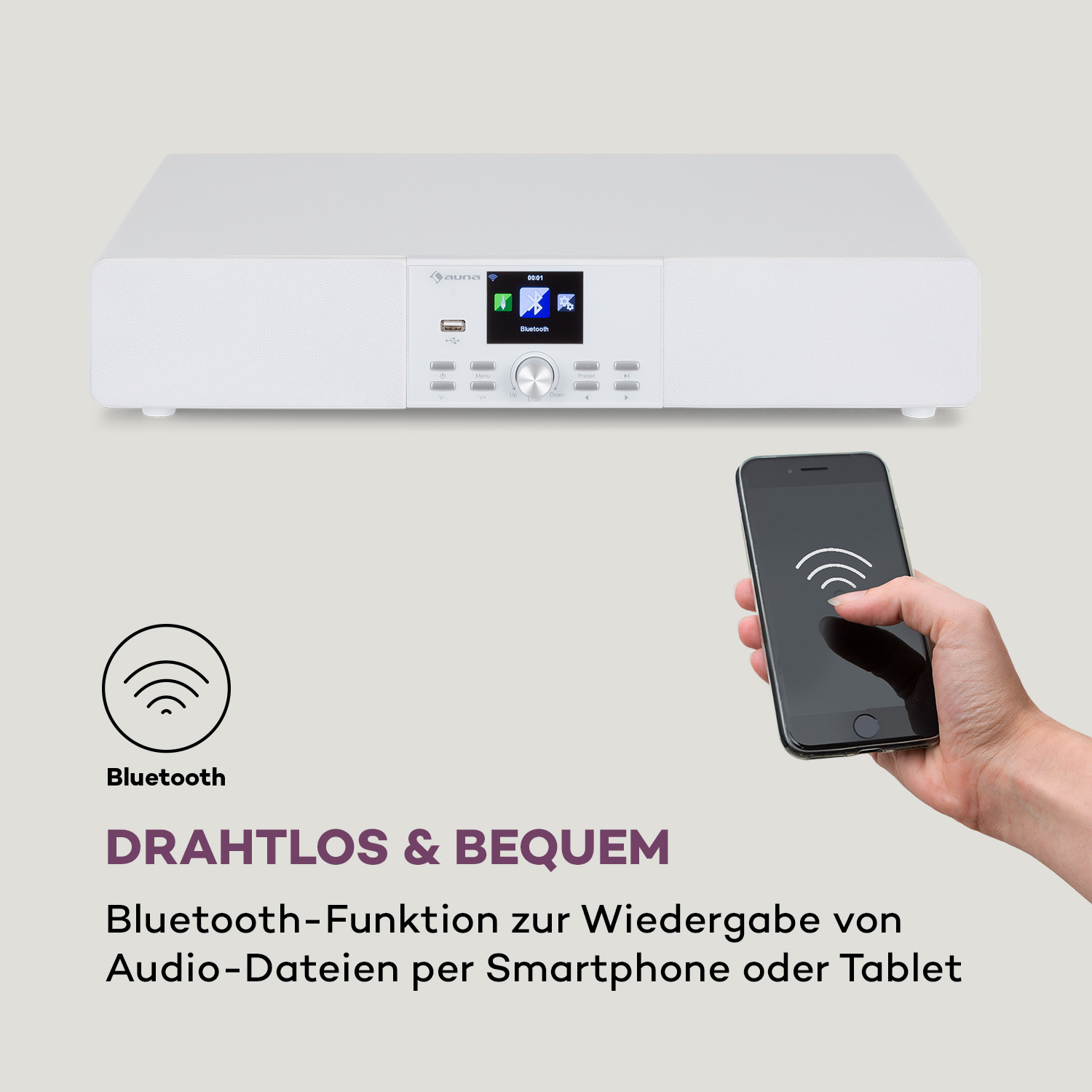 Weißer Lautsprecher mit einem schwarzen Telefon, das eine Bluetooth-Verbindung anzeigt.