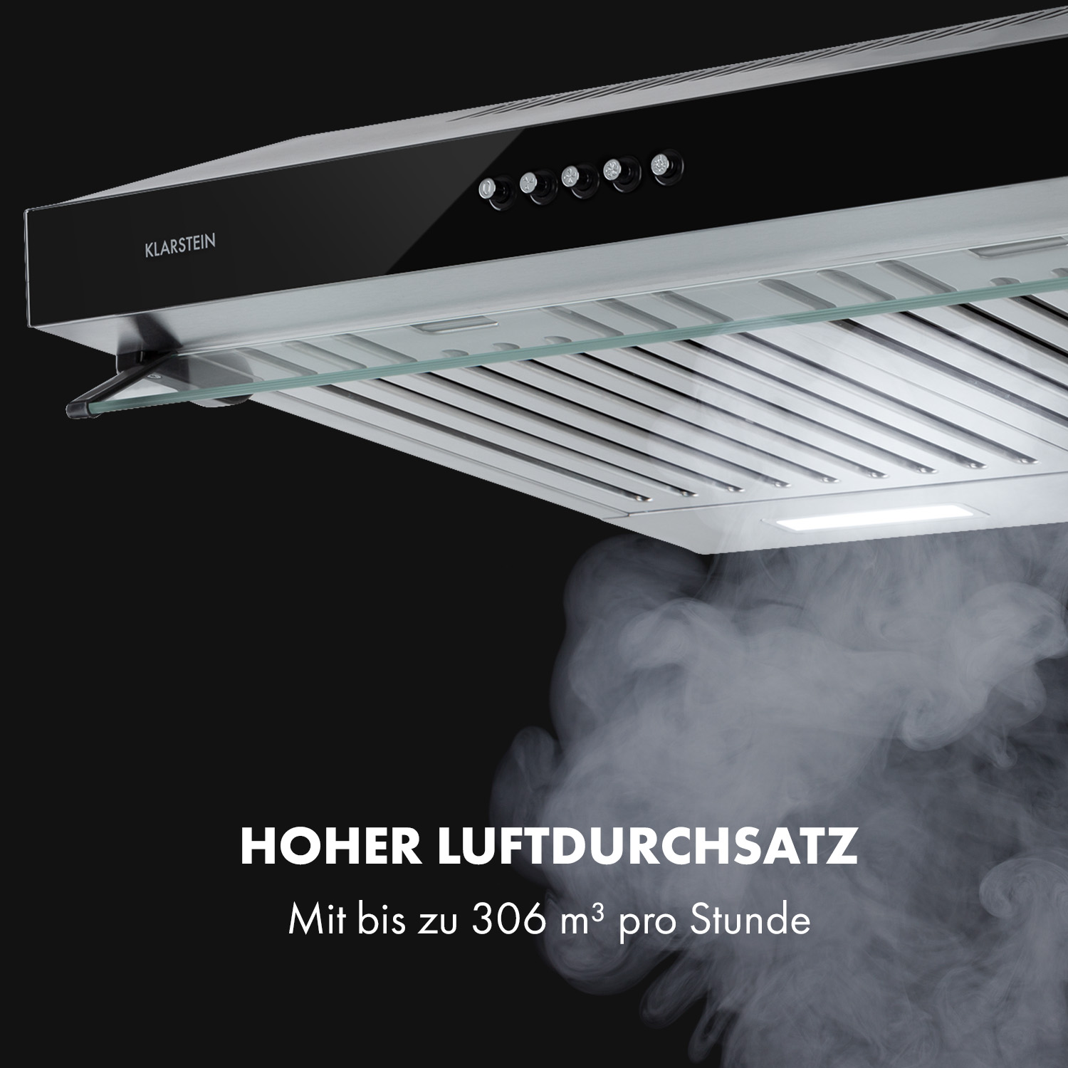 Eine schwarz-silberne Dunstabzugshaube mit Glasplatte und weißem Licht, mit Text.