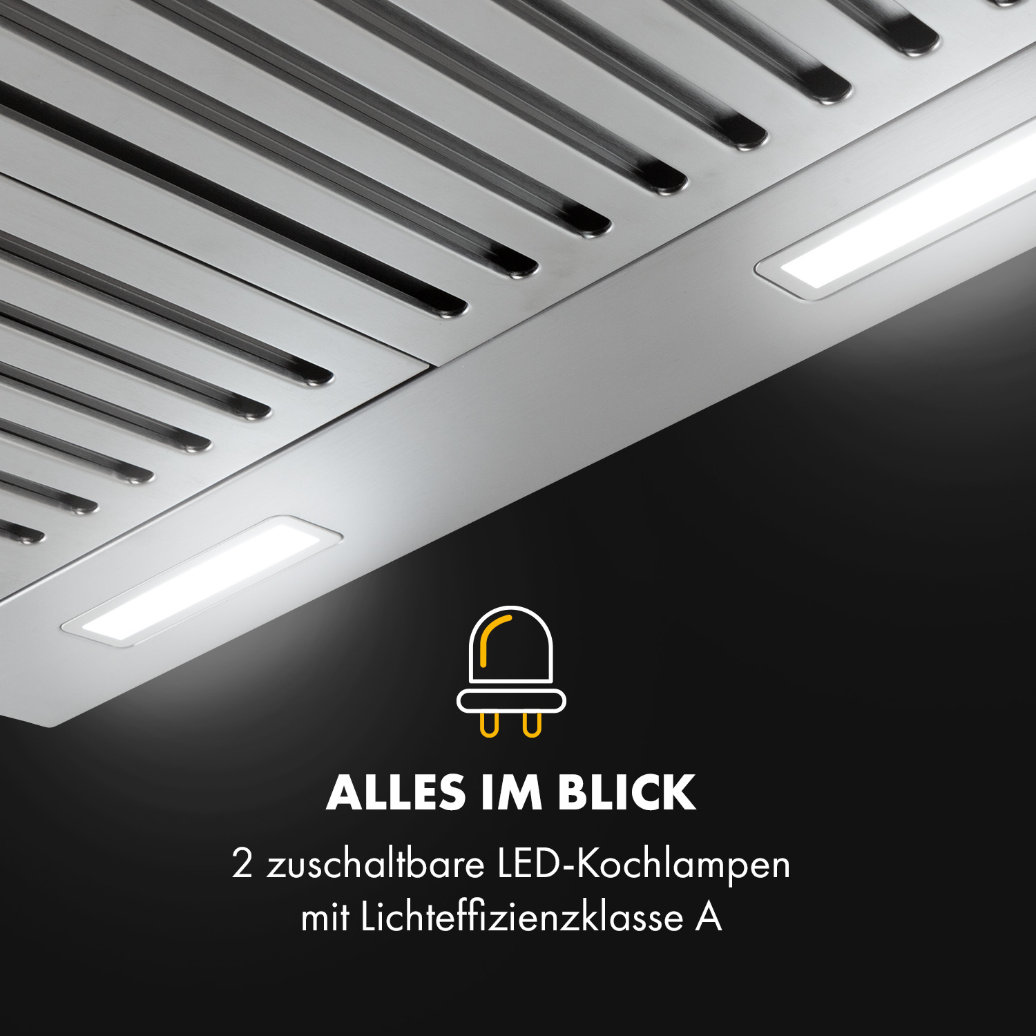 Nahaufnahme einer Dunstabzugshaube mit Lichtern. Der Hintergrund ist schwarz, mit Text, der das Produkt beschreibt.