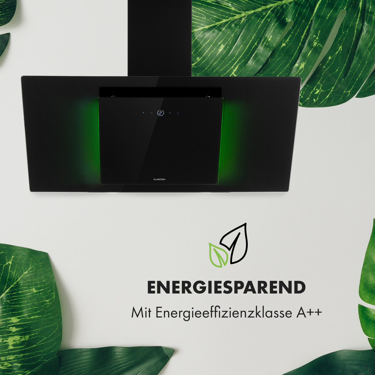 Campana extractora negra con luces verdes y texto: ahorro de energía. Hojas verdes.