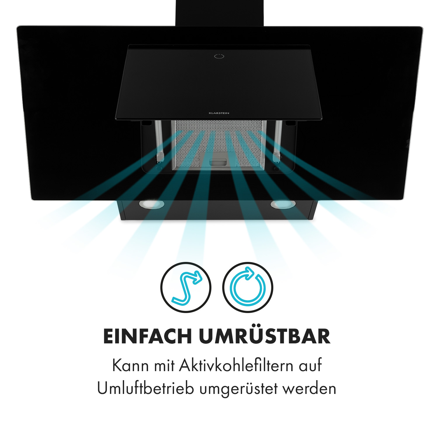 Campana extractora negra con panel de vidrio abierto, dos luces e iconos de flujo de aire. Texto: Fácilmente convertible.
