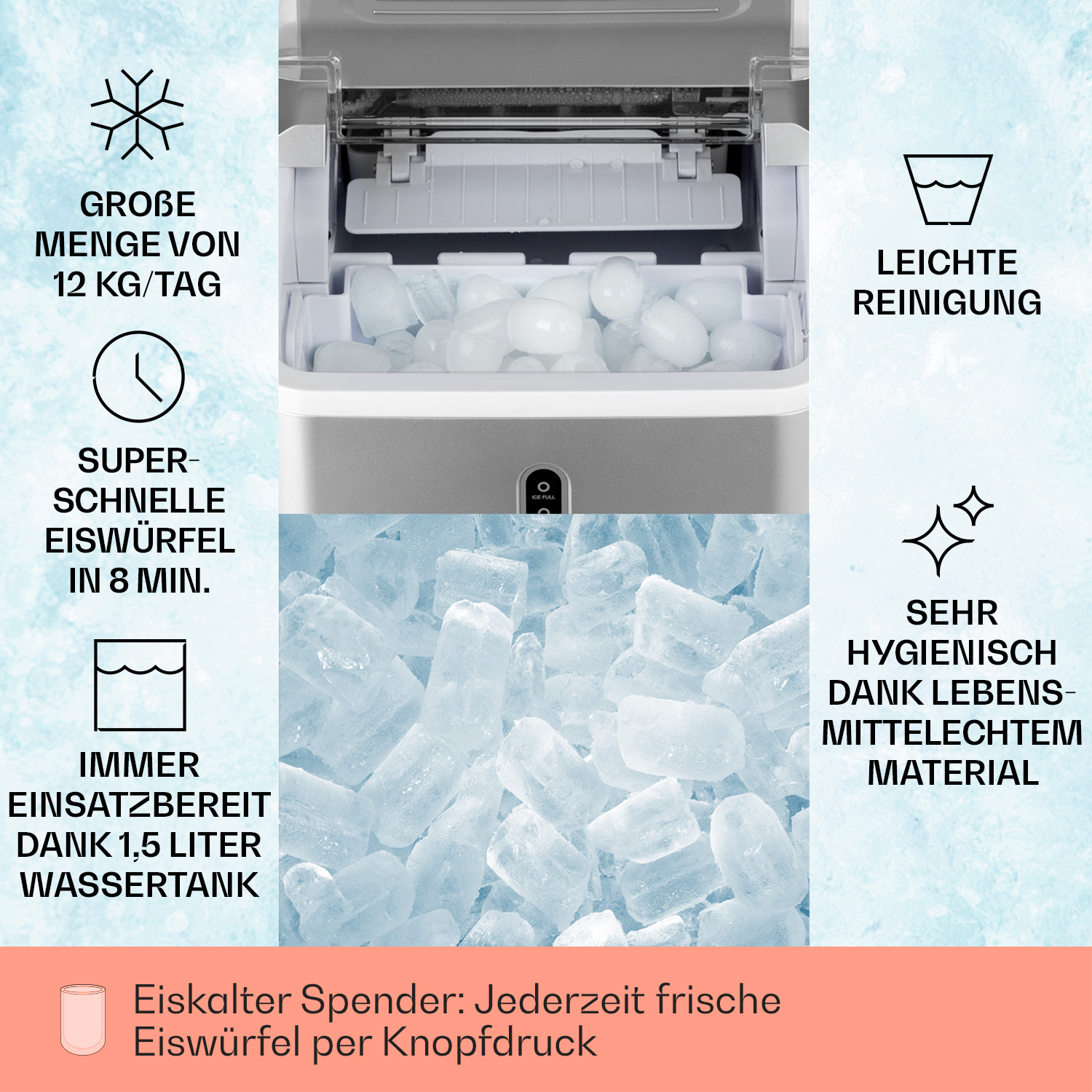 Eisbereiter mit Funktionen, Symbolen und deutschem Text. Eiswürfel im Behälter.