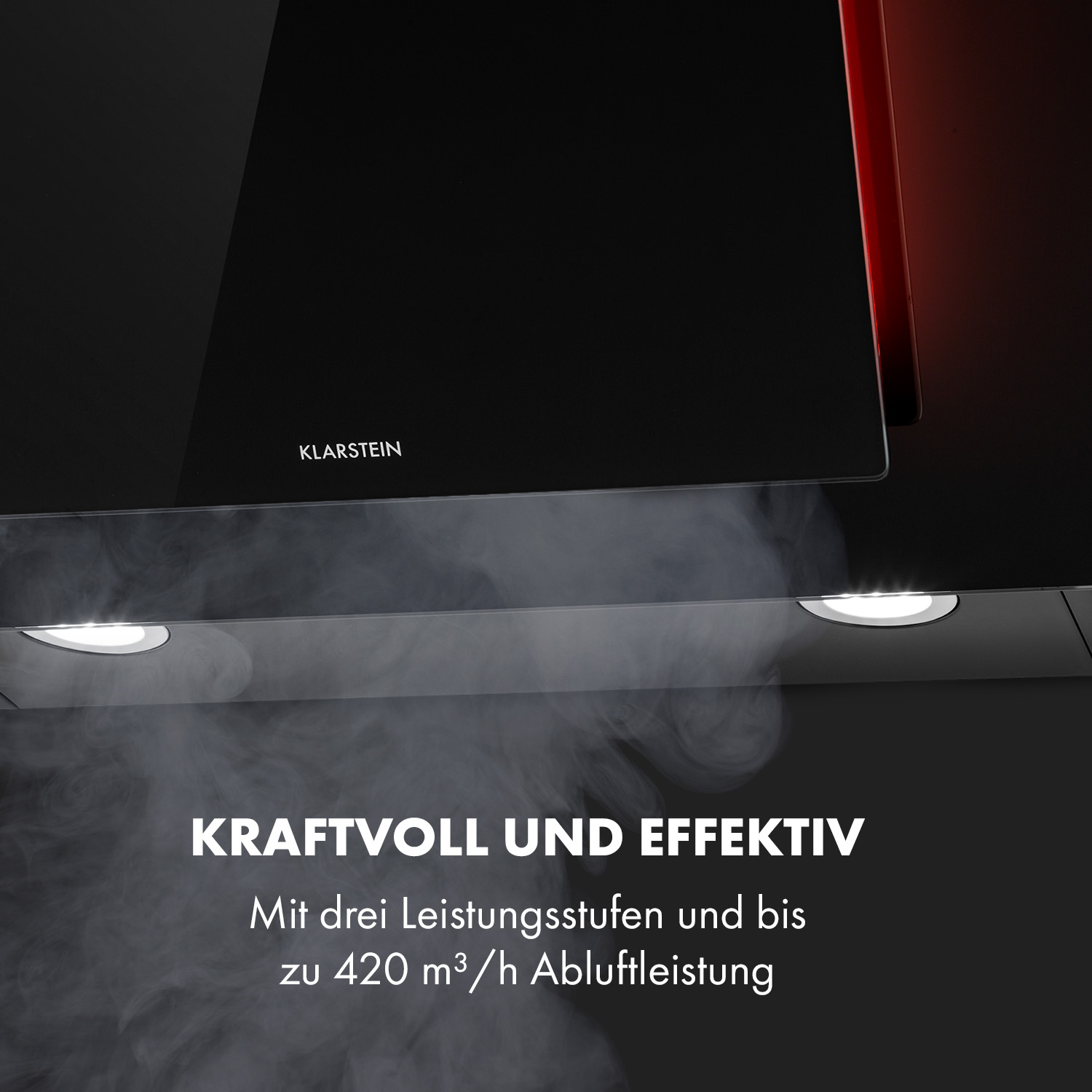 Campana extractora negra con luces, vapor ascendente. Logotipo Klarstein. Texto: Potente y eficaz.