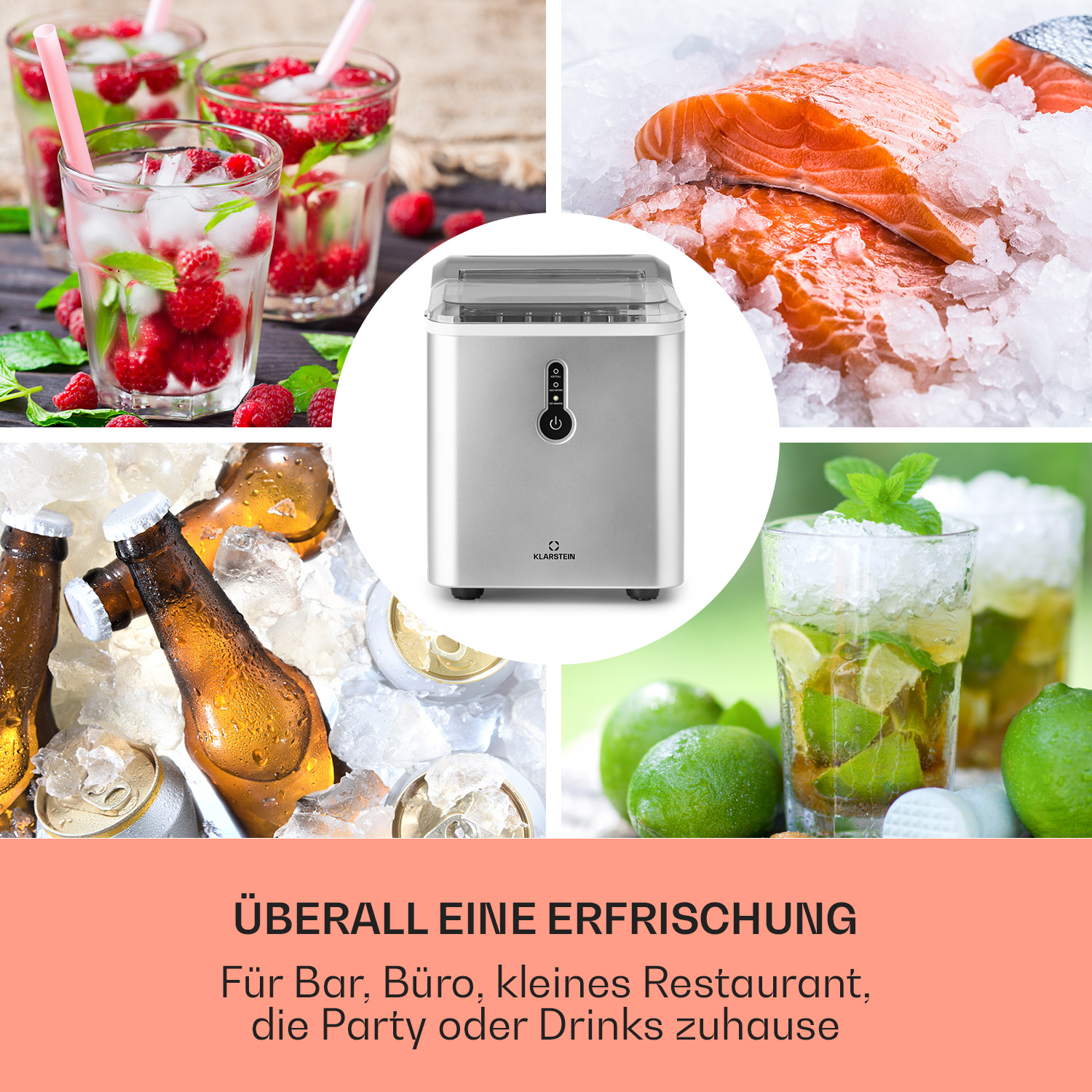 Ein Eisbereiter, umgeben von Getränken, Eis und Lebensmitteln in Collage-Format.