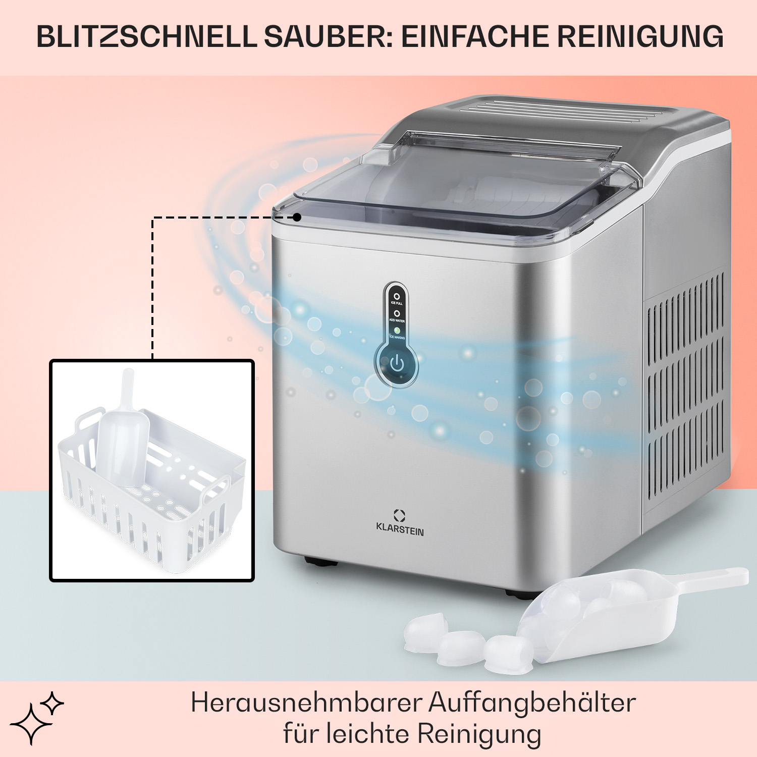 Ein silberner Eisbereiter mit abnehmbarem Eisbehälter und Eisschaufel. Text zeigt Reinigungsinformationen.