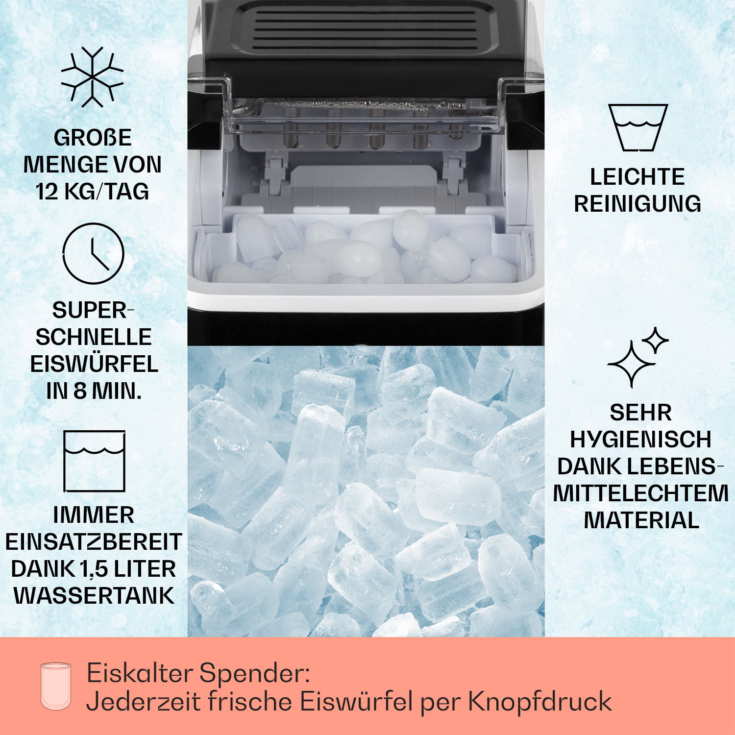 Eiswürfel in Eismaschine. Symbole und Text über Eiswürfelfunktionen.