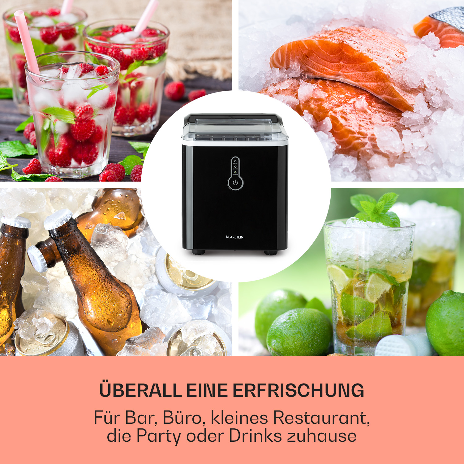 Eine Eismaschine umgeben von Getränken, Früchten und Lachs auf Eis. Der Text lautet 'Erfrischung'.