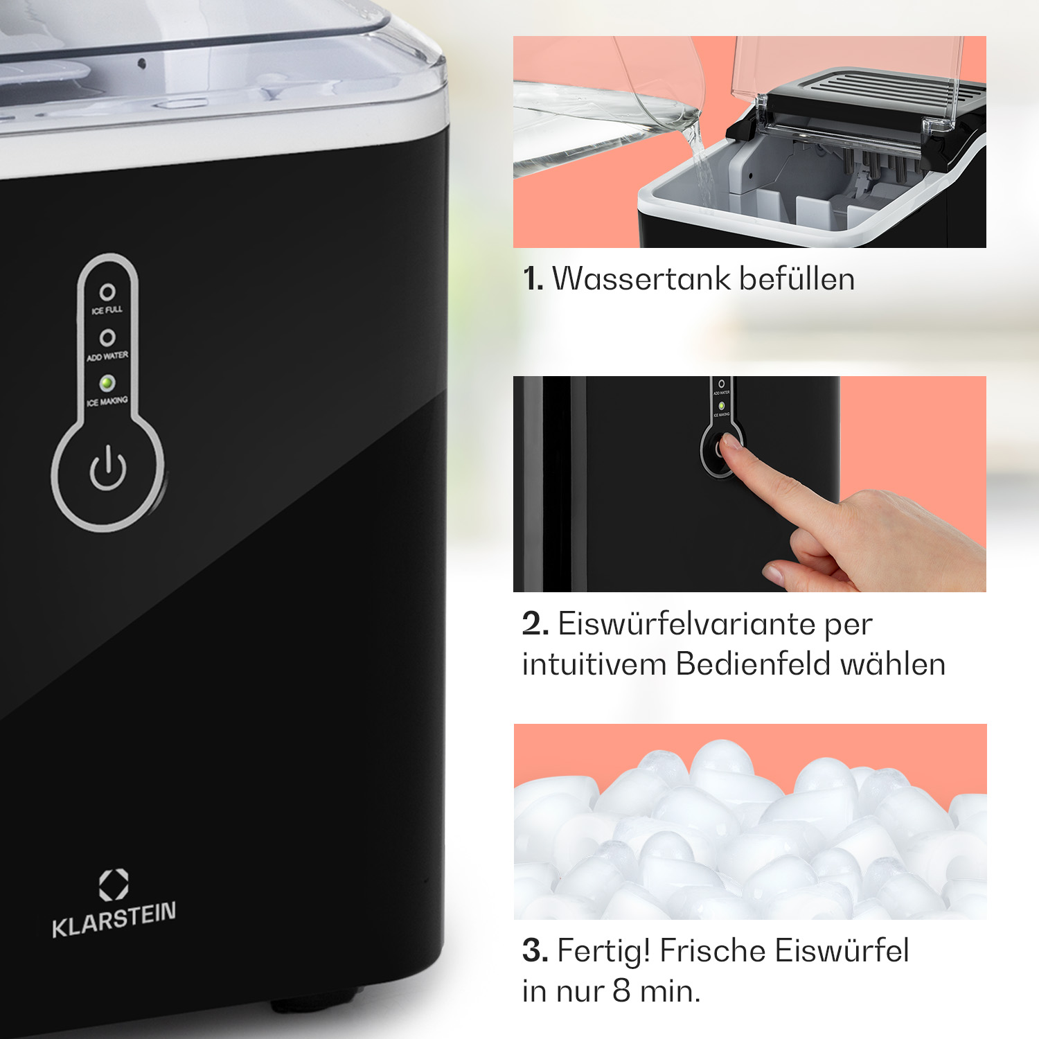 Schwarzer Eiswürfelbereiter mit Schritten: Wasser füllen, Eis wählen, Würfel.
