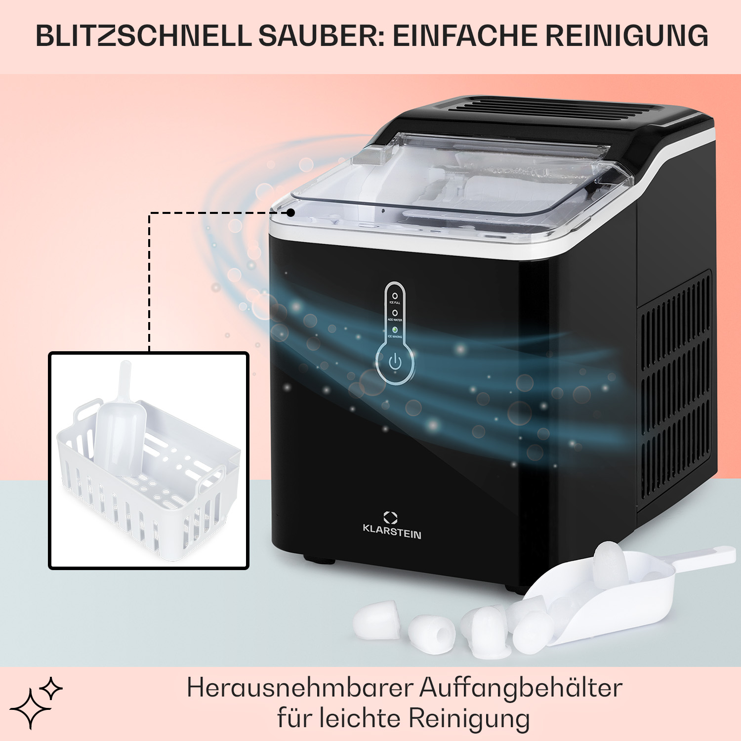 Schwarzer Eisbereiter mit Schaufel und Eisbehälter. Text: Einfache Reinigung.