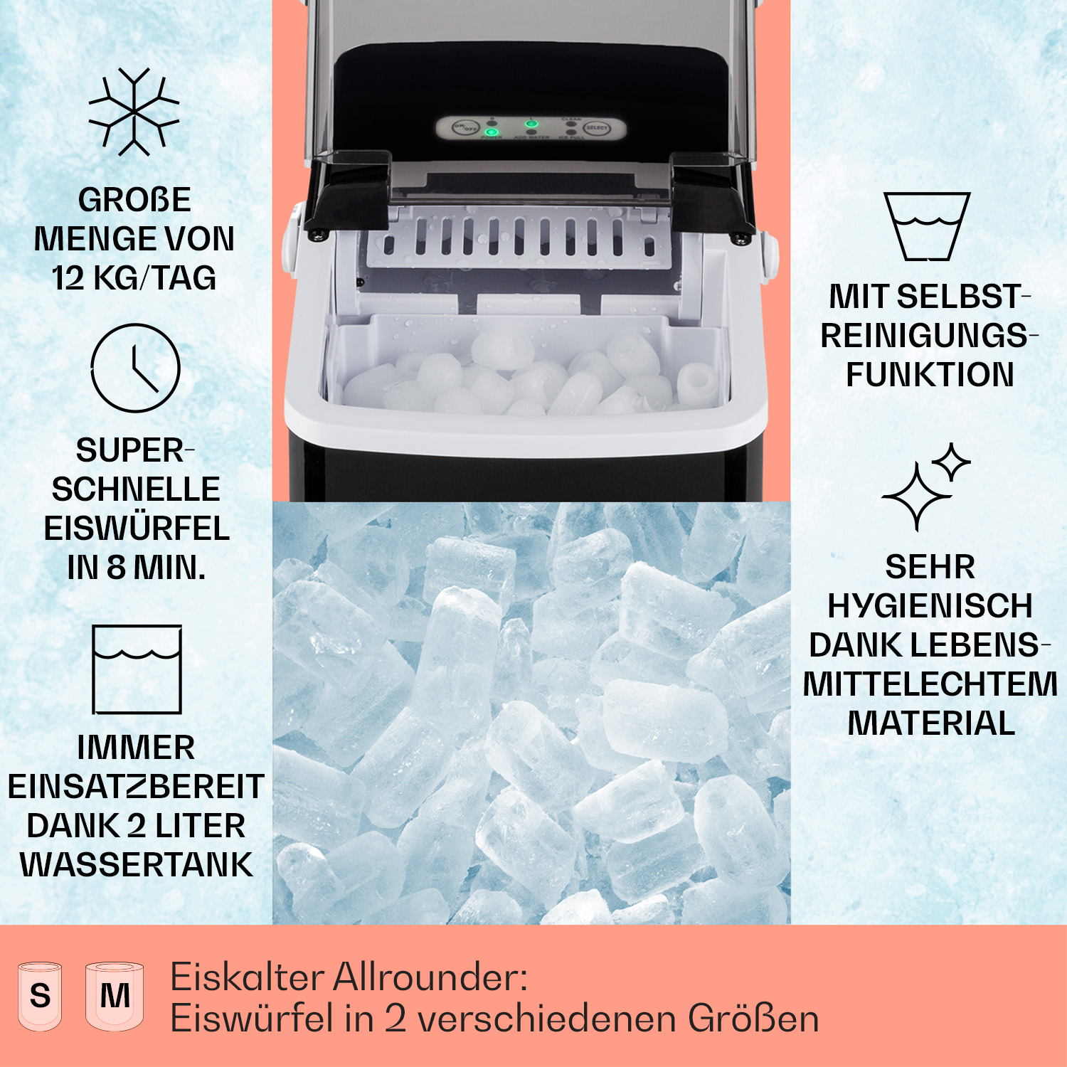 Eiswürfelbereiter mit Text zur Eisproduktion. Enthält Eiswürfel und Produktmerkmale.