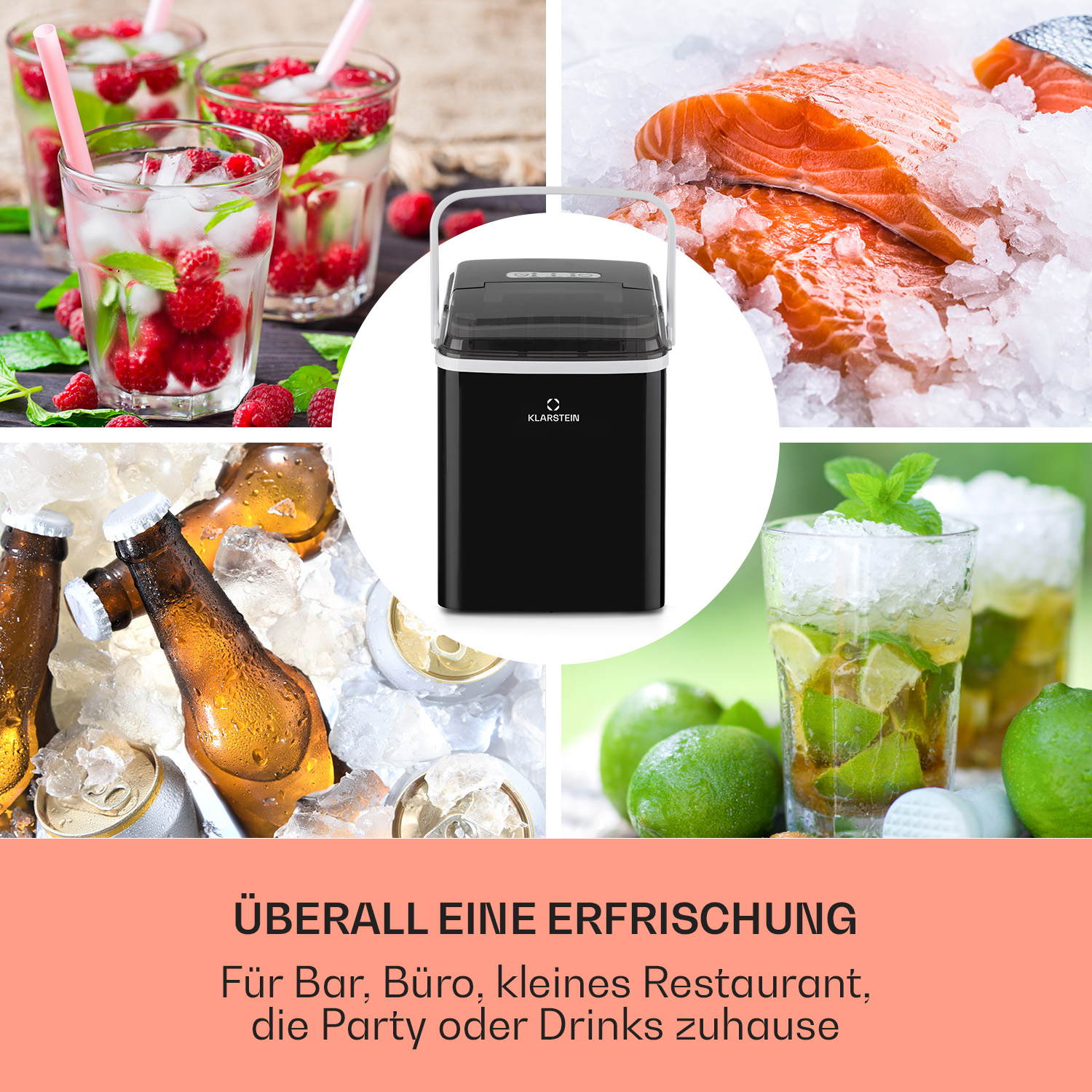 Collage aus Eismaschine, Getränken und Lebensmitteln mit Text, der die Vielseitigkeit der Eismaschine bewirbt.