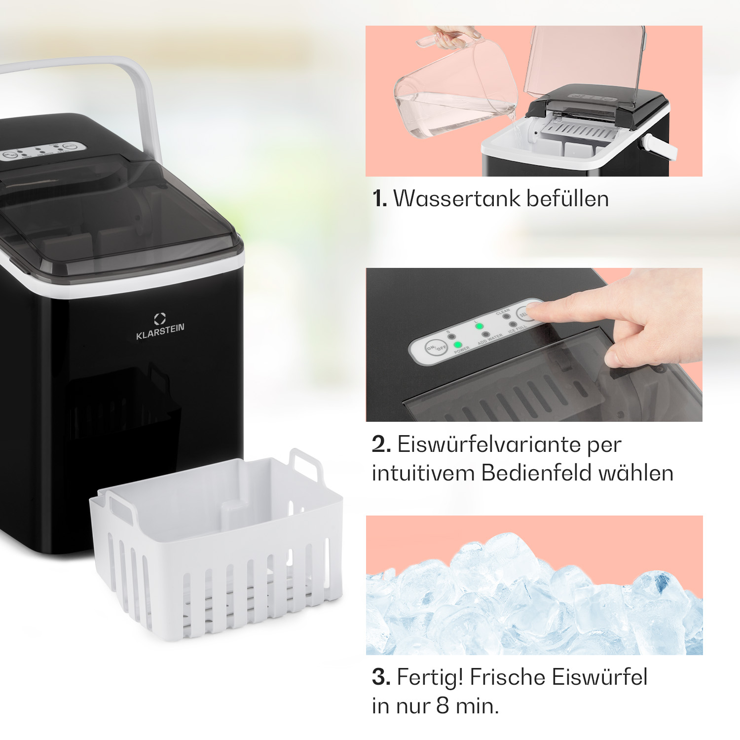 Schwarz-weißer Eisbereiter mit Anweisungen zum Befüllen und zur Eisauswahl.