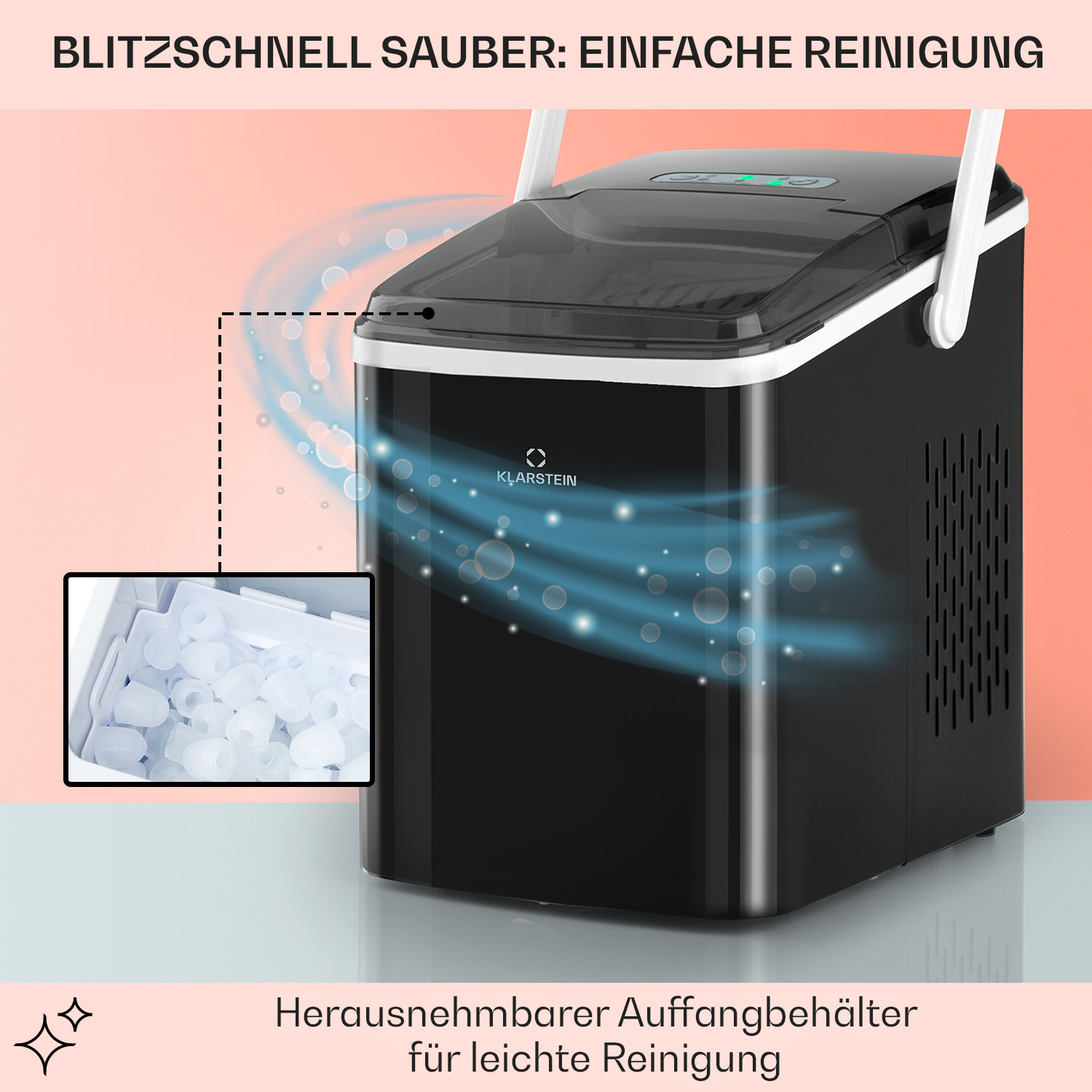Schwarzer Eisbereiter mit Nahaufnahme von Eiswürfeln. Er hat einen Griff und steht auf rosa Hintergrund.