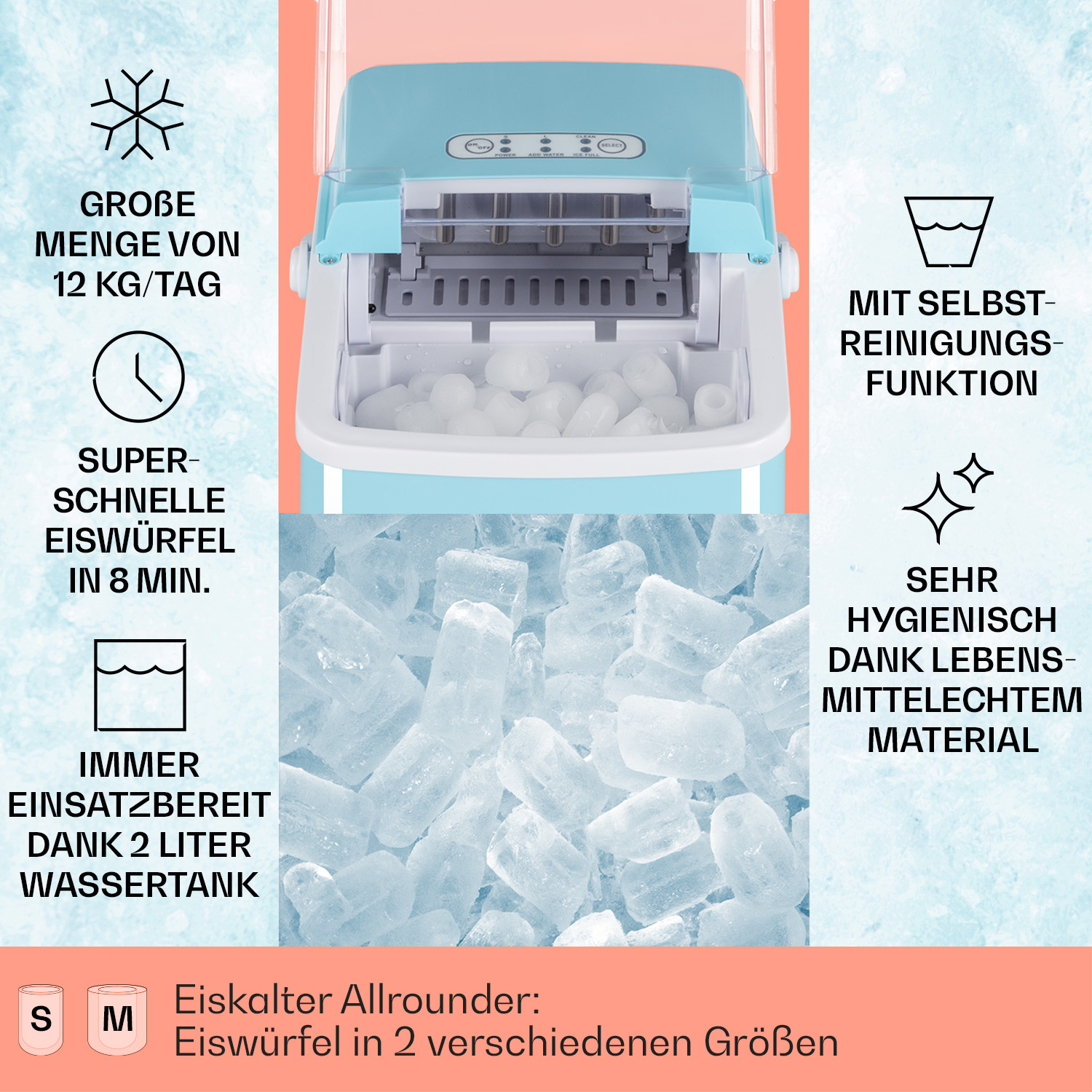 Ein blauer Eisbereiter mit Textbeschriftungen, einschließlich Eisproduktionsrate und Wassertankgröße.