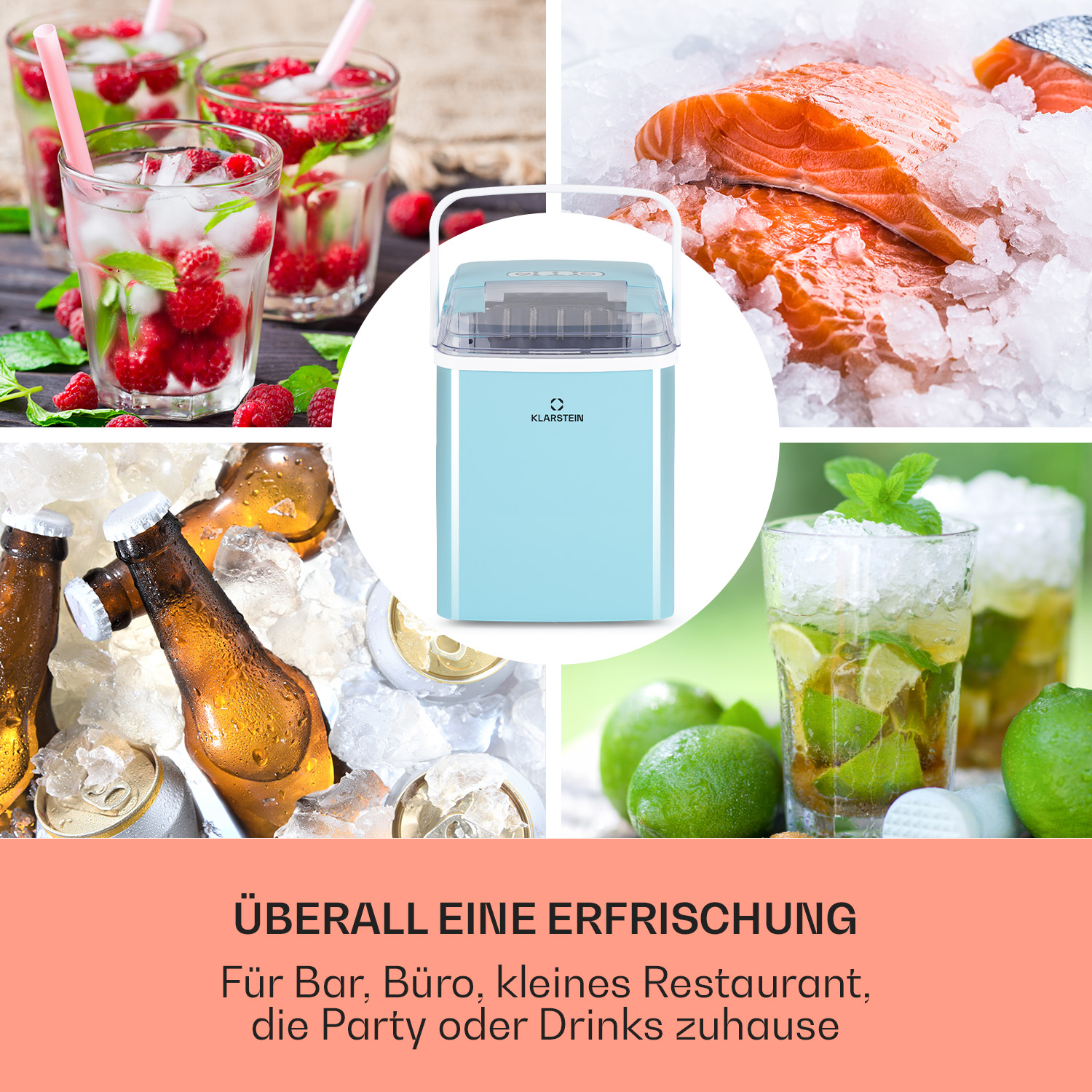 Collage aus Eis, Getränken und Essen. Eismaschine in der Mitte. Cocktails und Bier.